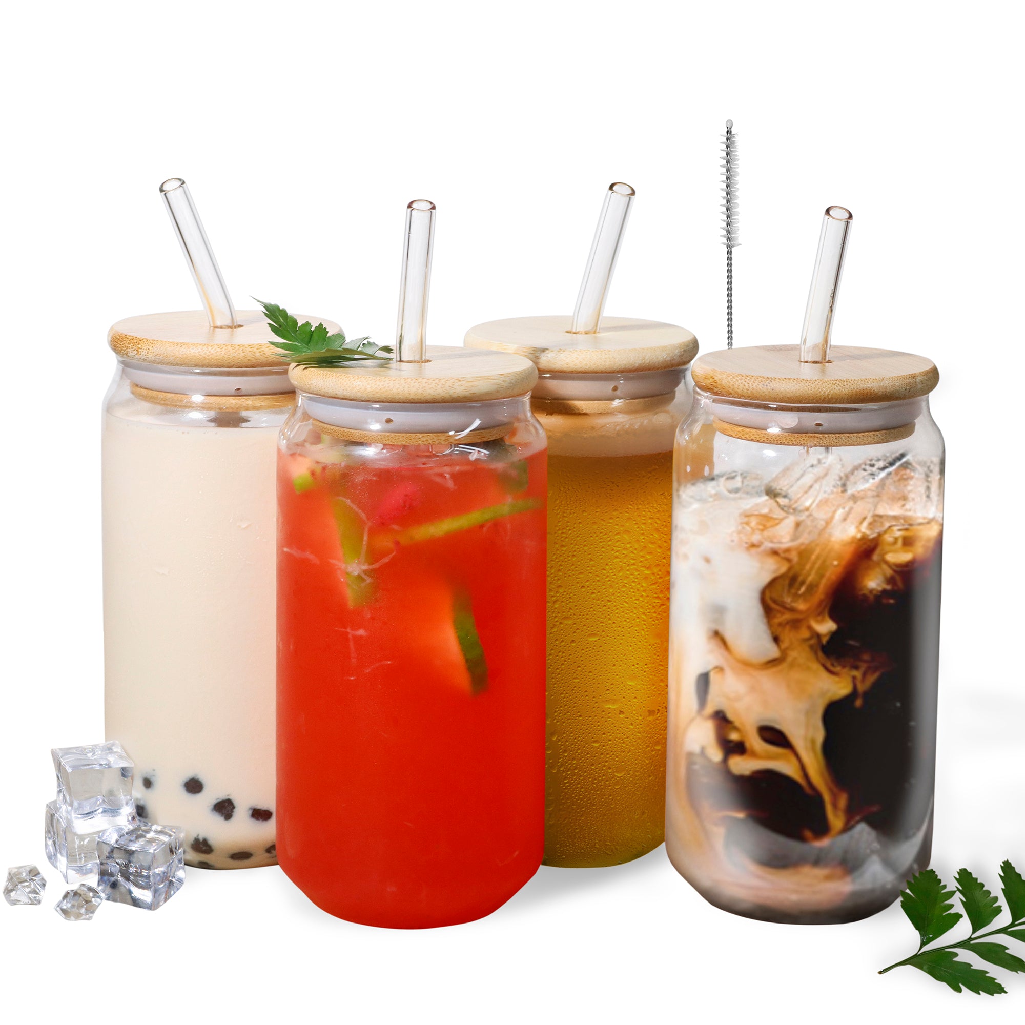 Straw Cup Glasses with Bamboo Lids and Glass Straw Reusable