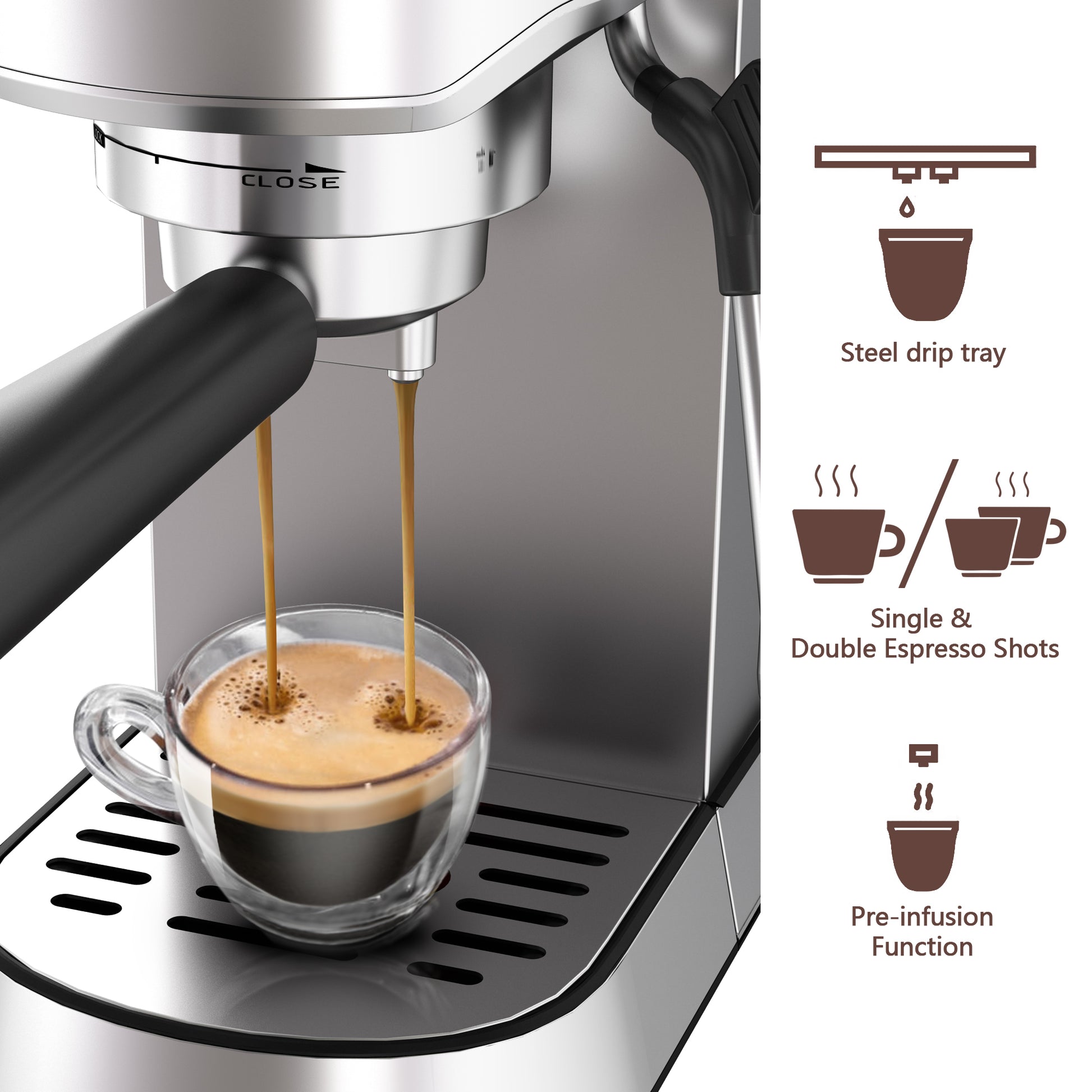 <img src="espresso machine.jpg" alt="wirsh 15 bar espresso machine single double shot"/>