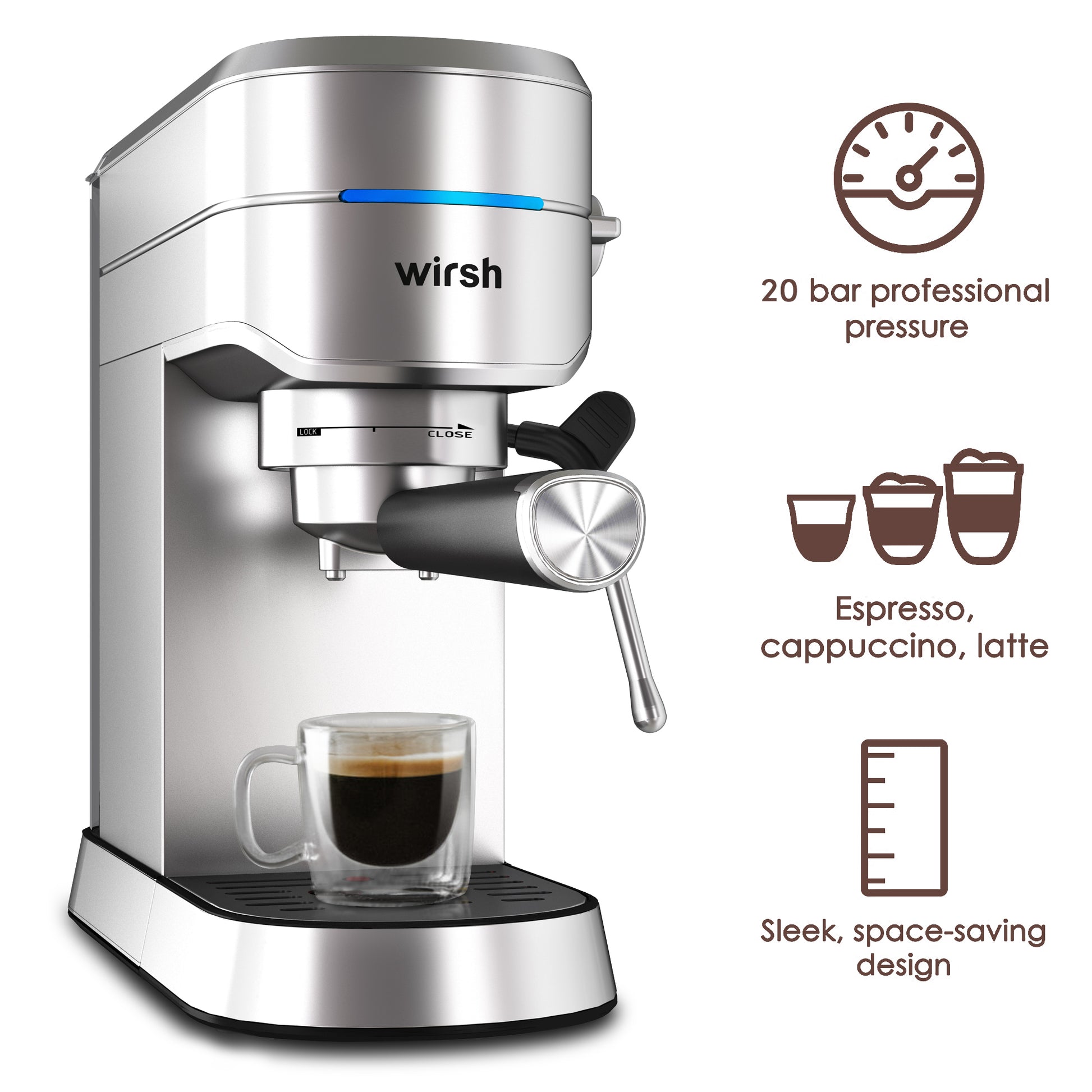Wirsh Espresso Machine, 20 Bar Espresso Maker with Plastic Free Portafitler and Steamer for Latte and Cappuccino,Expresso Coffee Machine with Pressure