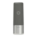 Gray and silver electric pepper grinder on a white background