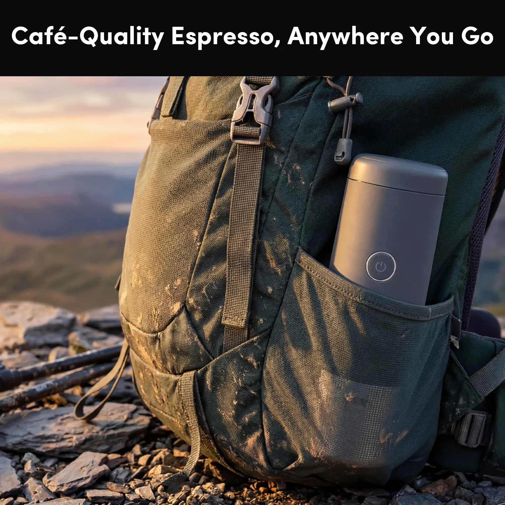 Backpack with a Citaly GO-1 portable espresso machine on a mountain top