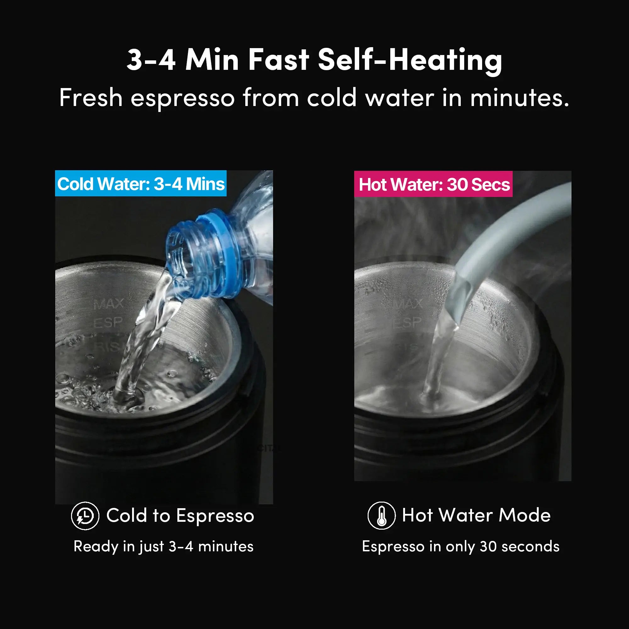 Comparison of cold water and hot water methods for self-heating espresso.