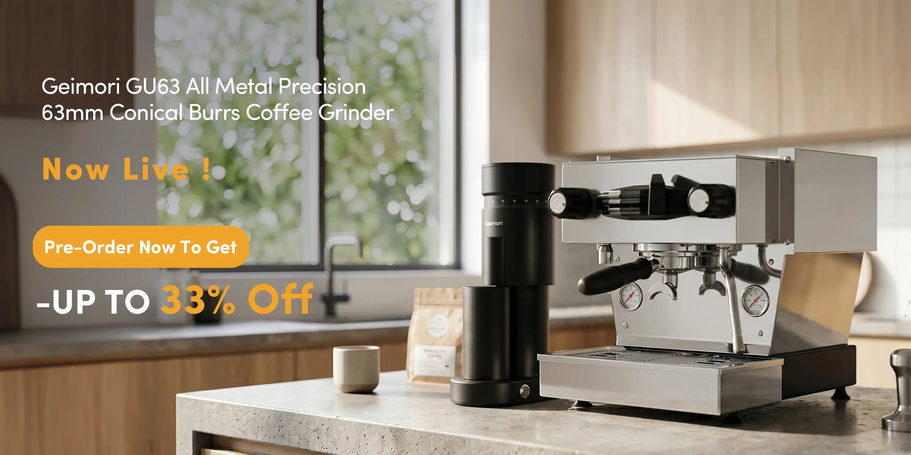 Geimori GU63 coffee grinder on a kitchen counter with espresso machine and coffee beans.slider_item_BH3ENE