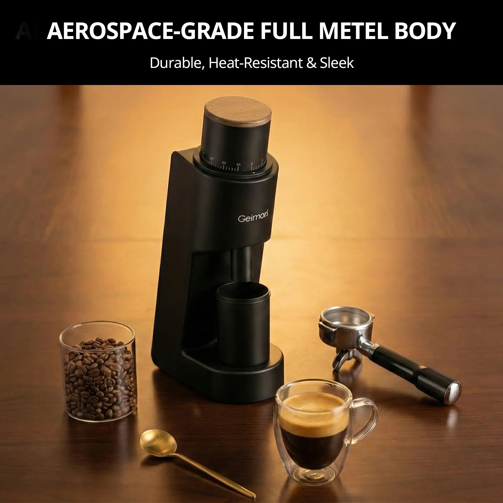 Geimori GU38 coffee grinder displayed on a wooden table with coffee-making accessories including a cup of espresso, a glass of coffee beans, a gold spoon, and a portafilter. A black banner at the top reads 'AEROSPACE-GRADE FULL METEL BODY' and 'Durable, Heat-Resistant & Sleek'.