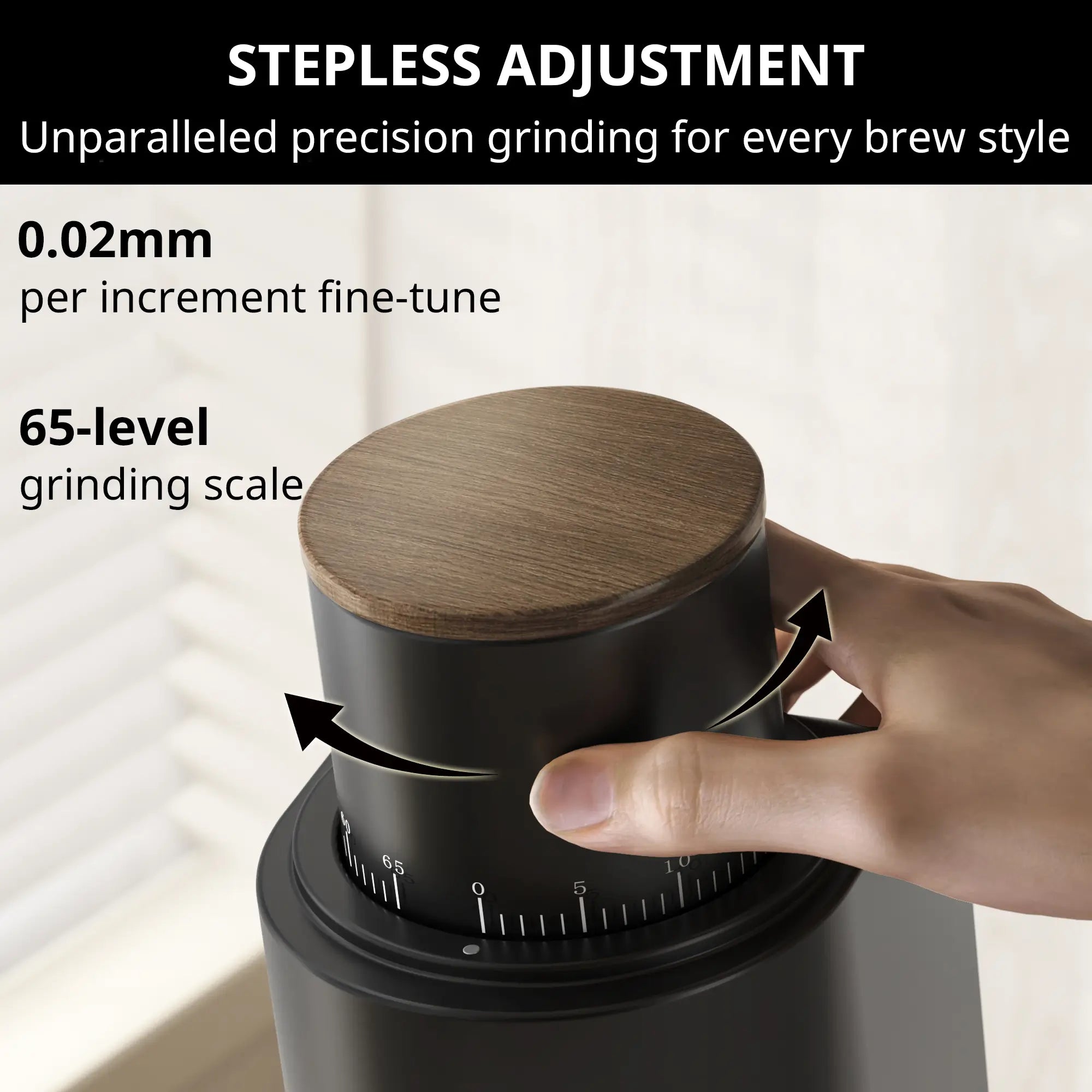 Geimori GU38 coffee grinder with stepless adjustment feature, hand adjusting the grinder.