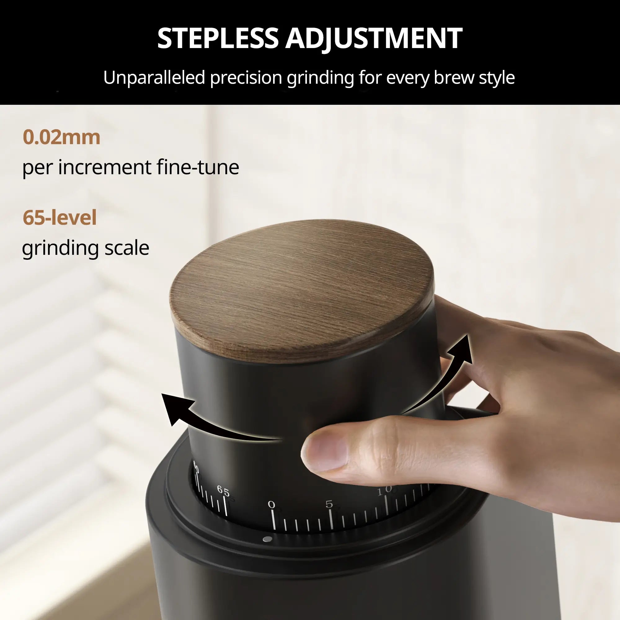Geimori GU38 coffee grinder with stepless adjustment feature, hand adjusting the grinder.