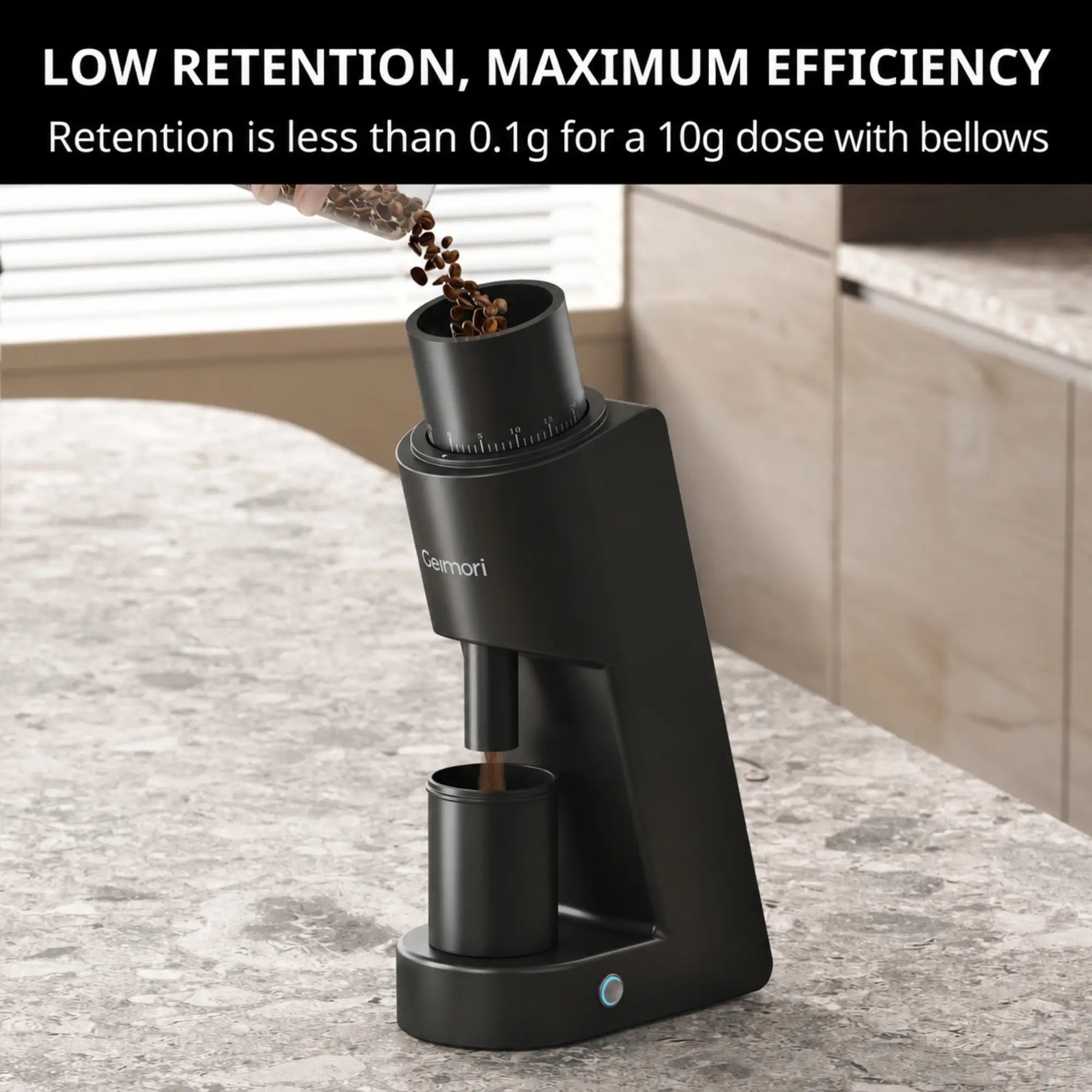 A black Geimori GU38 coffee grinder sits on a stone countertop in a kitchen setting, with coffee beans being poured into the top opening and brewed coffee dripping into a cup below. White text at the top reads 'LOW RETENTION, MAXIMUM EFFICIENCY' and 'Retention is less than 0.