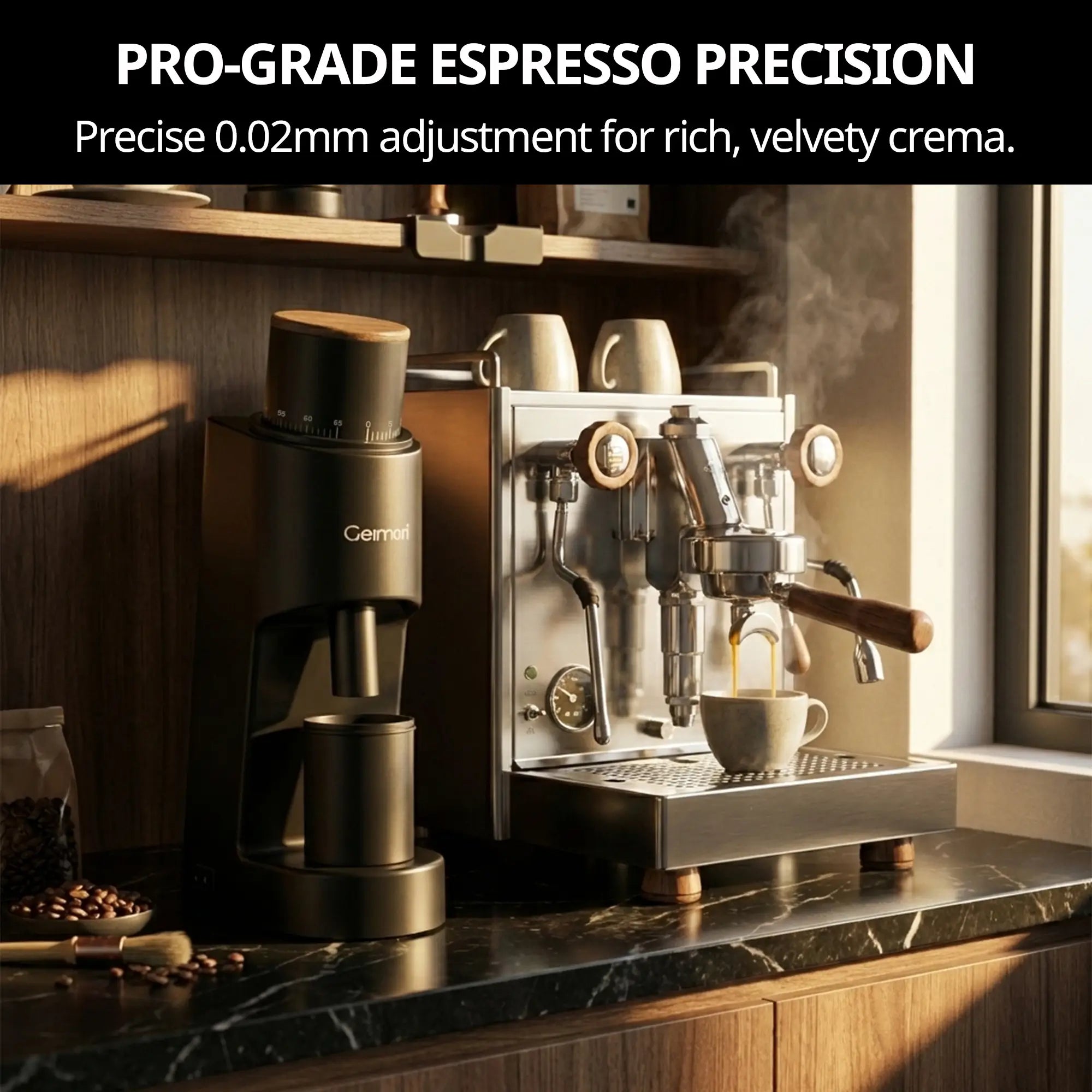 Geimori GU38 coffee grinder and espresso machine on a counter with coffee beans and a window in the background, emphasizing pro-grade precision.