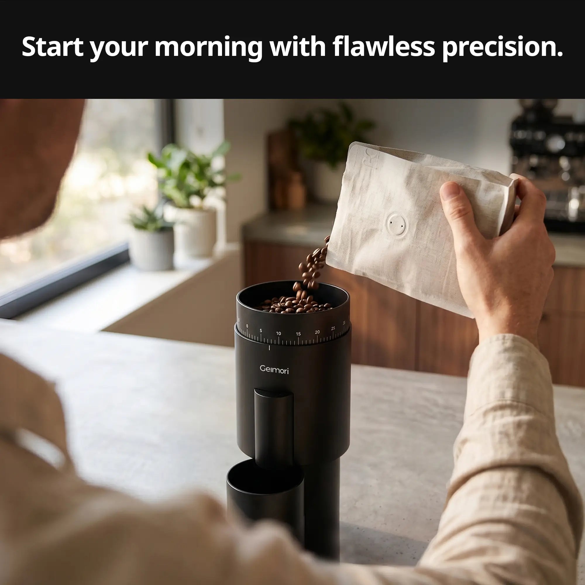 Person pouring coffee beans into Geimori GU63 coffee grinder with text 'Start your morning with flawless precision.'