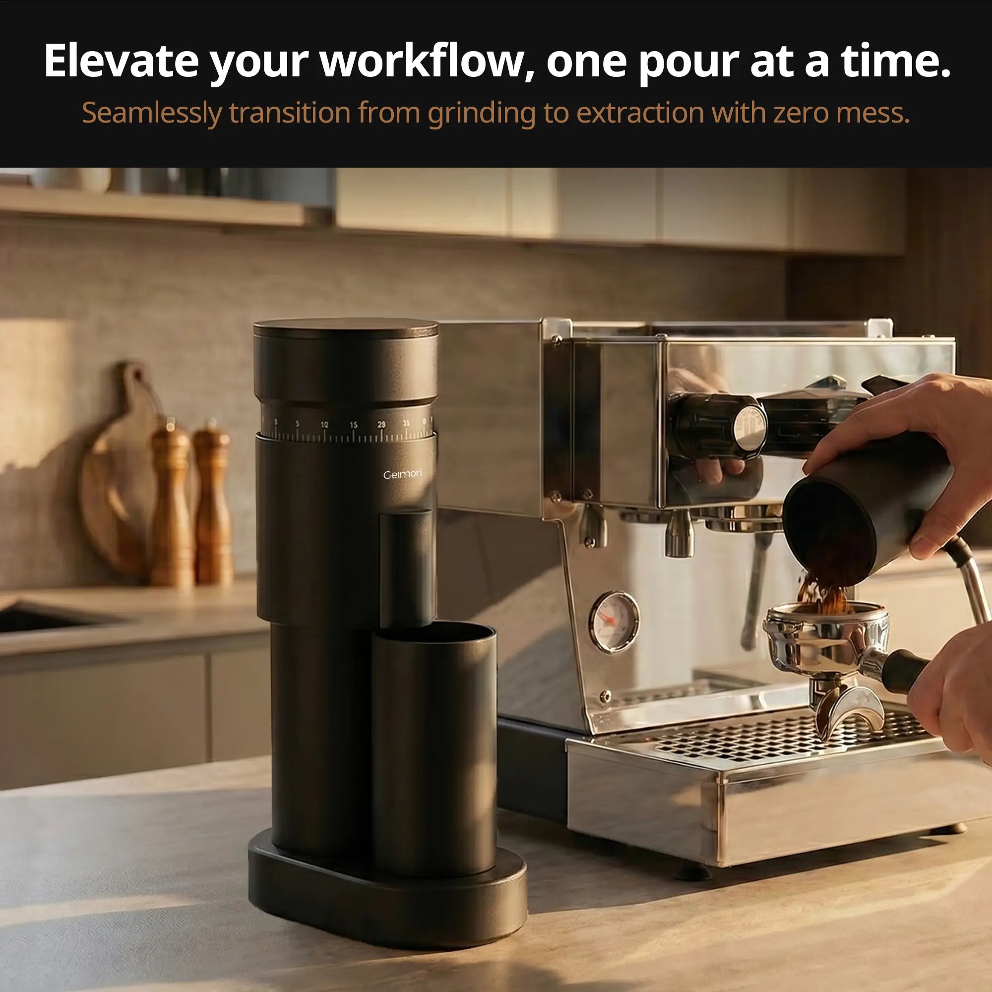 Geimori GU63 coffee grinder and espresso machine on a kitchen counter with text about workflow improvement.