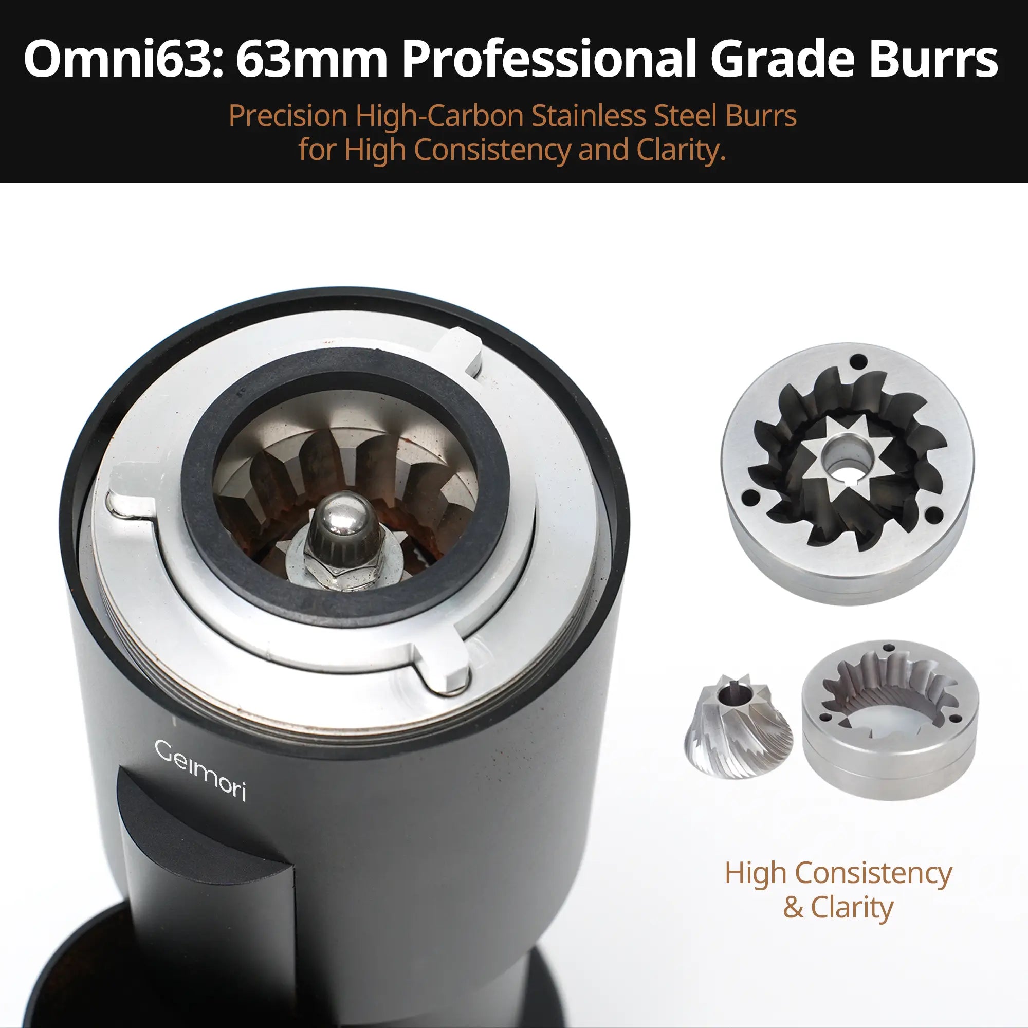 A close-up of a GU63 coffee burr grinder head with an exposed internal burr assembly, shown alongside two metal burr bits on a white background. Text at the top reads 'Omni63: 63mm Professional Grade Burrs' and the brand name 'Geimori' is visible on the grinder body.