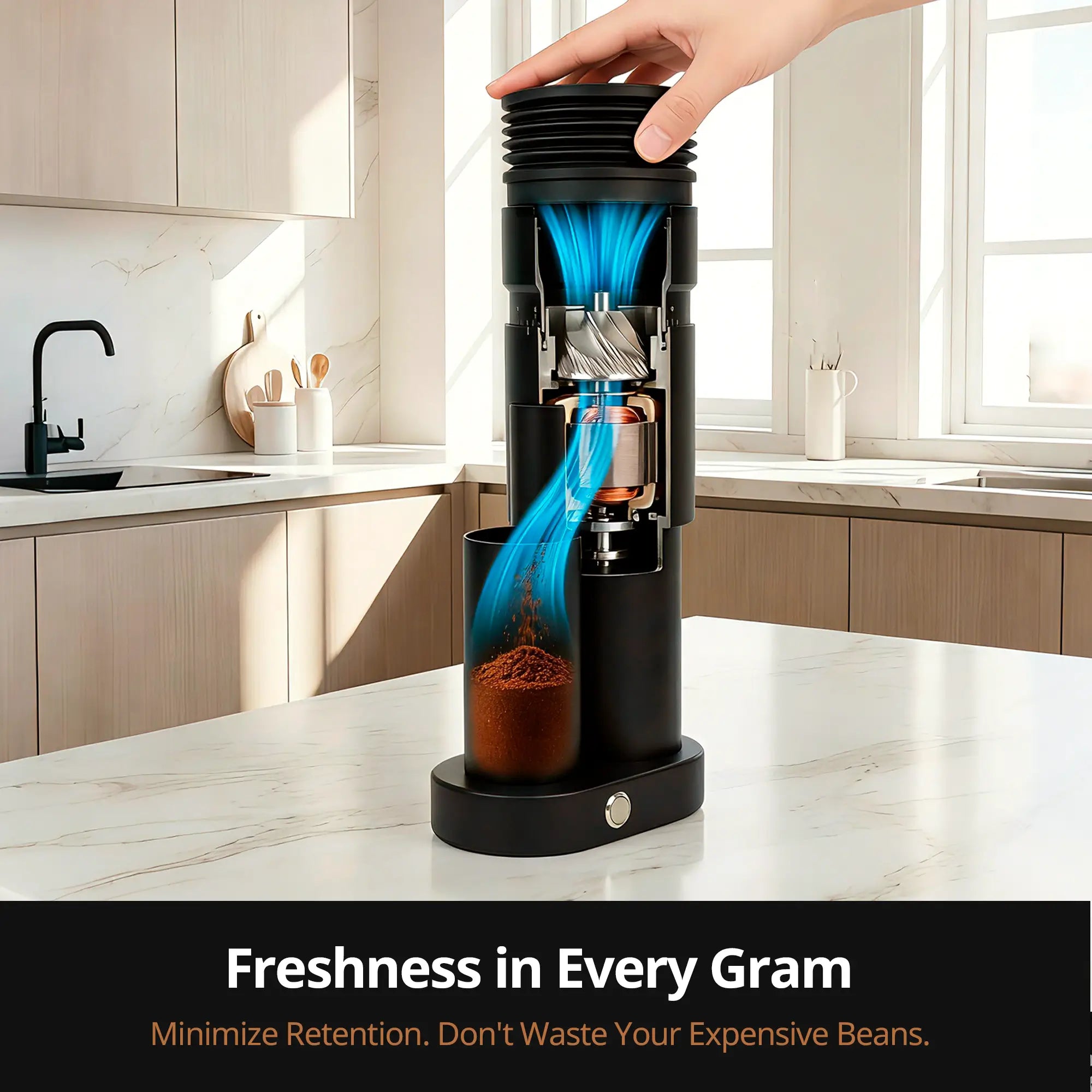 A hand is pressing down the top of GU63 on a white marble kitchen counter, with blue airflow graphics showing extraction and a container below filled with coffee beans. A black banner at the bottom reads 'Freshness in Every Gram' and 'Minimize Retention.