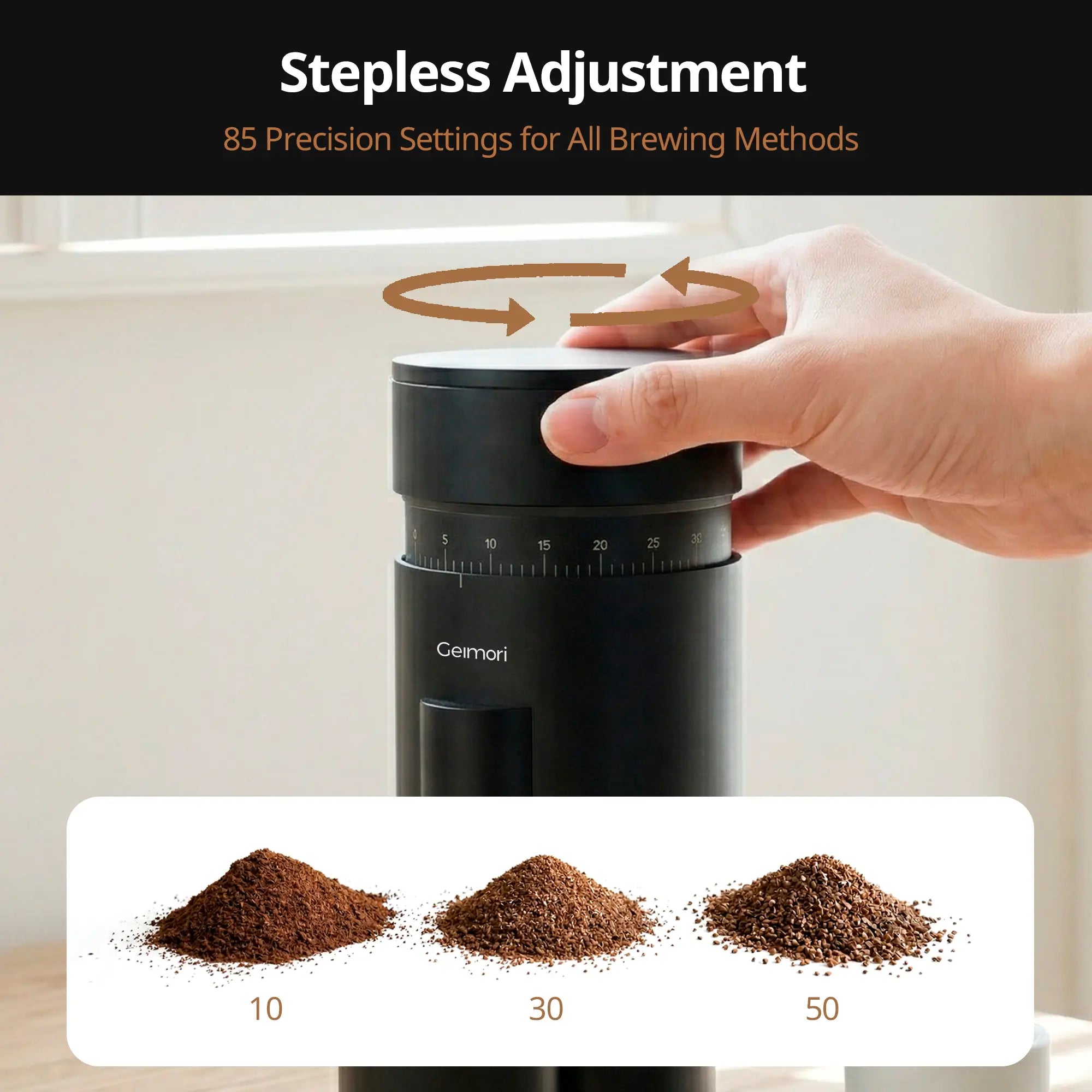 A hand adjusts the stepless dial of a black Geimori GU63 coffee grinder, with text reading 'Stepless Adjustment' and three coffee bean piles labeled 10, 30, and 50 below.