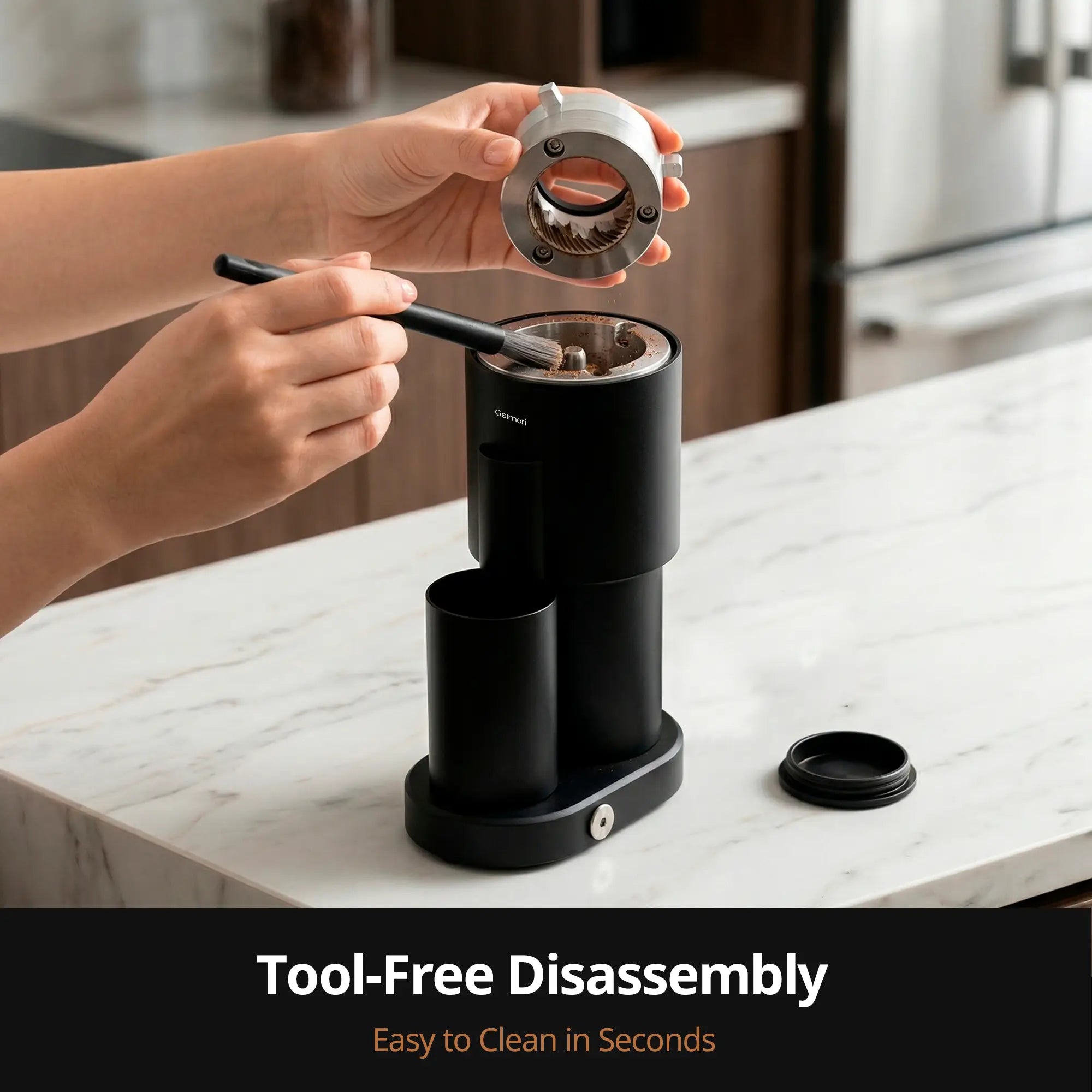 Person disassembling a GU63 coffee grinder on a marble countertop with text 'Tool-Free Disassembly' and 'Easy to Clean in Seconds'.