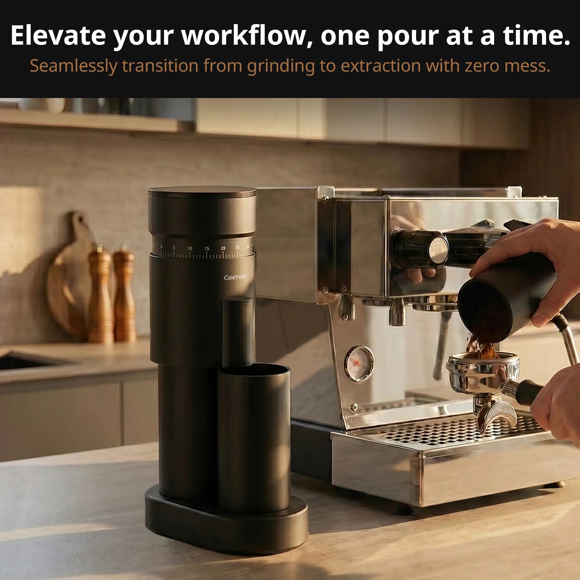 Geimori GU63 coffee grinder and espresso machine on a kitchen counter with text about workflow improvement.