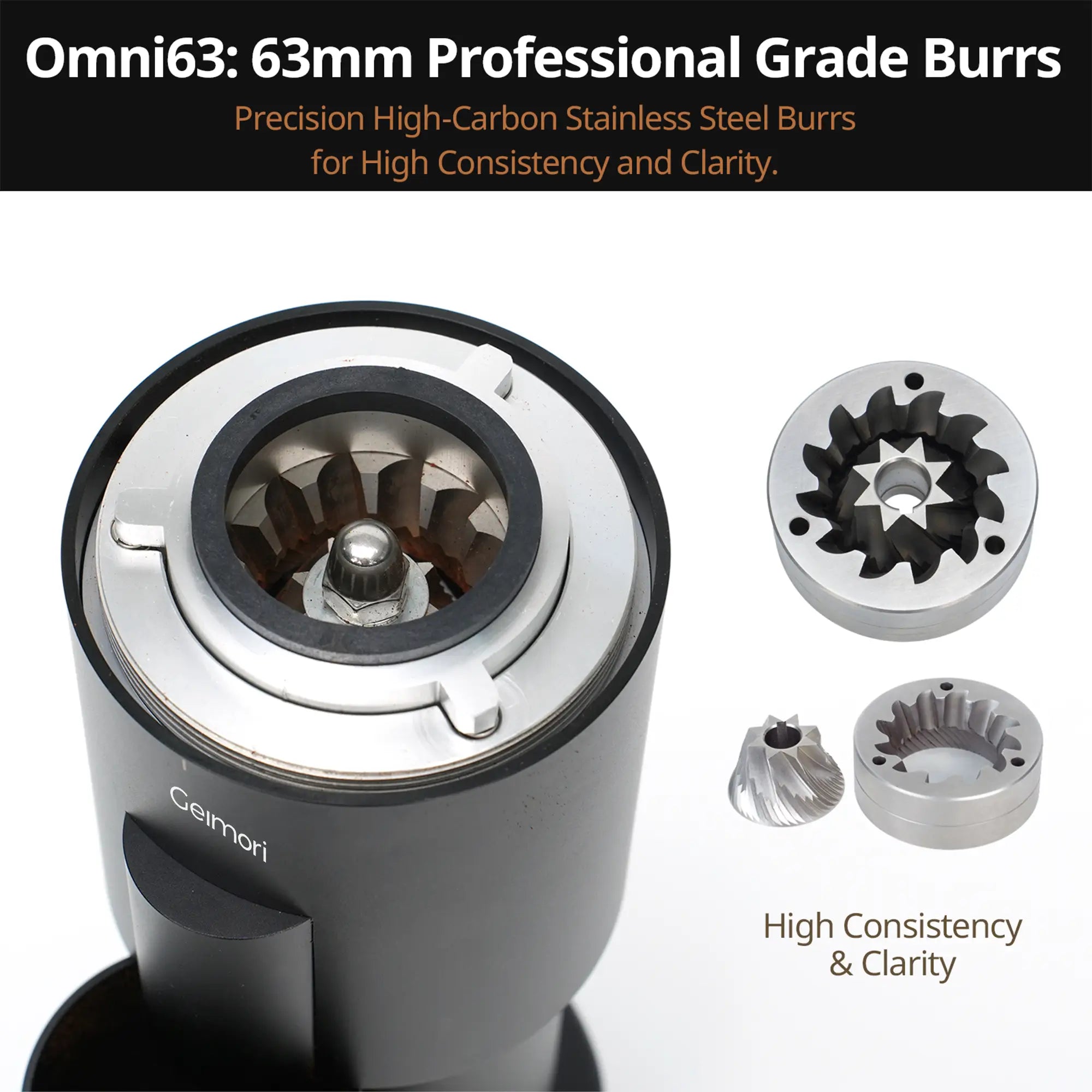 A close-up of a GU63 coffee burr grinder head with an exposed internal burr assembly, shown alongside two metal burr bits on a white background. Text at the top reads 'Omni63: 63mm Professional Grade Burrs' and the brand name 'Geimori' is visible on the grinder body.