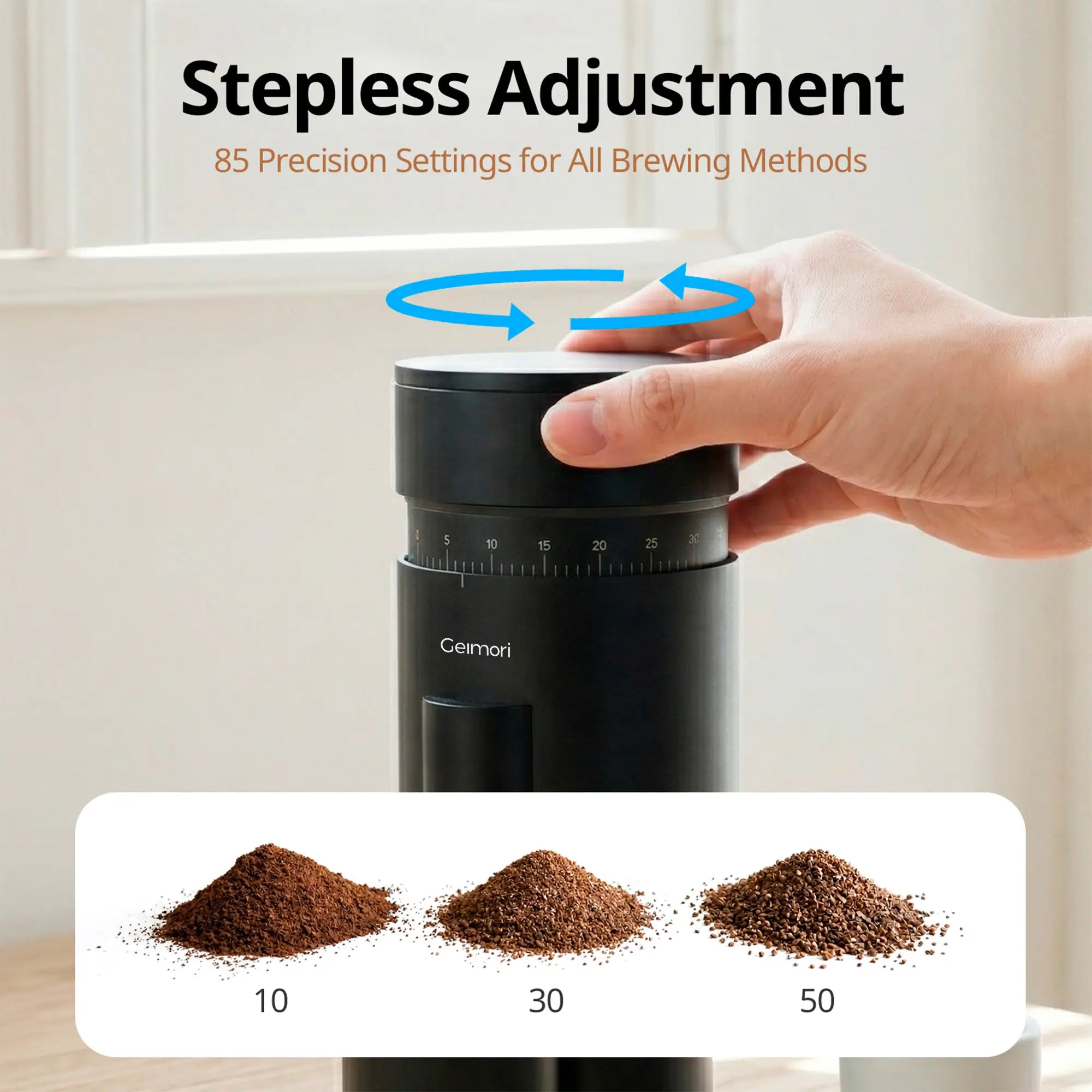 A hand adjusts the stepless dial of a black Geimori GU63 coffee grinder, with text reading 'Stepless Adjustment' and three coffee bean piles labeled 10, 30, and 50 below.
