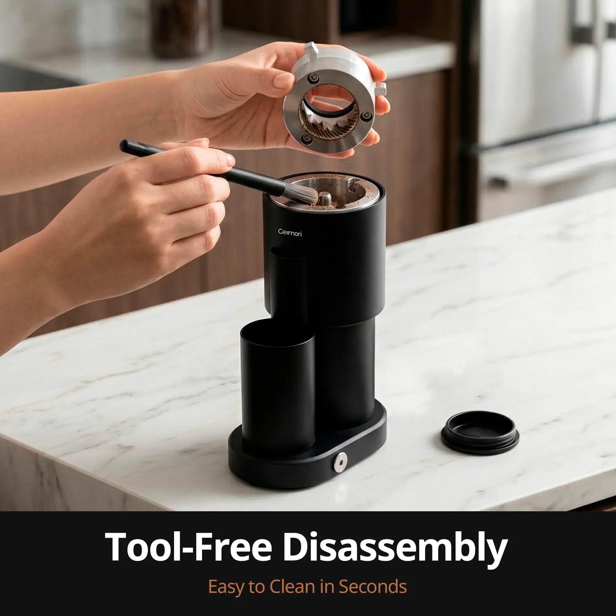 Person disassembling a GU63 coffee grinder on a marble countertop with text 'Tool-Free Disassembly' and 'Easy to Clean in Seconds'.