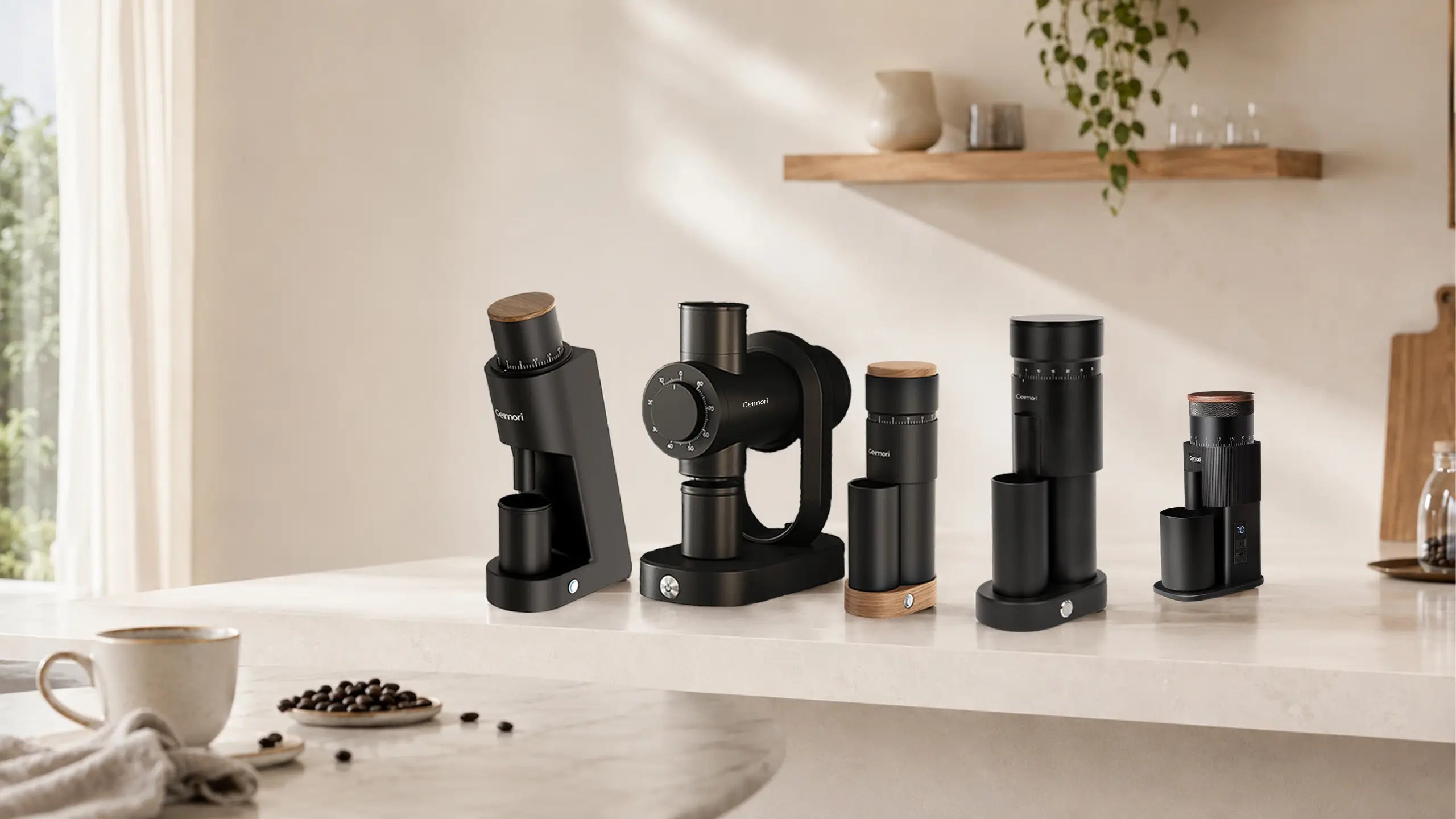 A set of matte black coffee equipment, including a grinder and several storage containers, arranged on a light marble countertop in a warm, modern kitchen setting with a hanging plant and wooden shelf.slider_item_jMrLFN