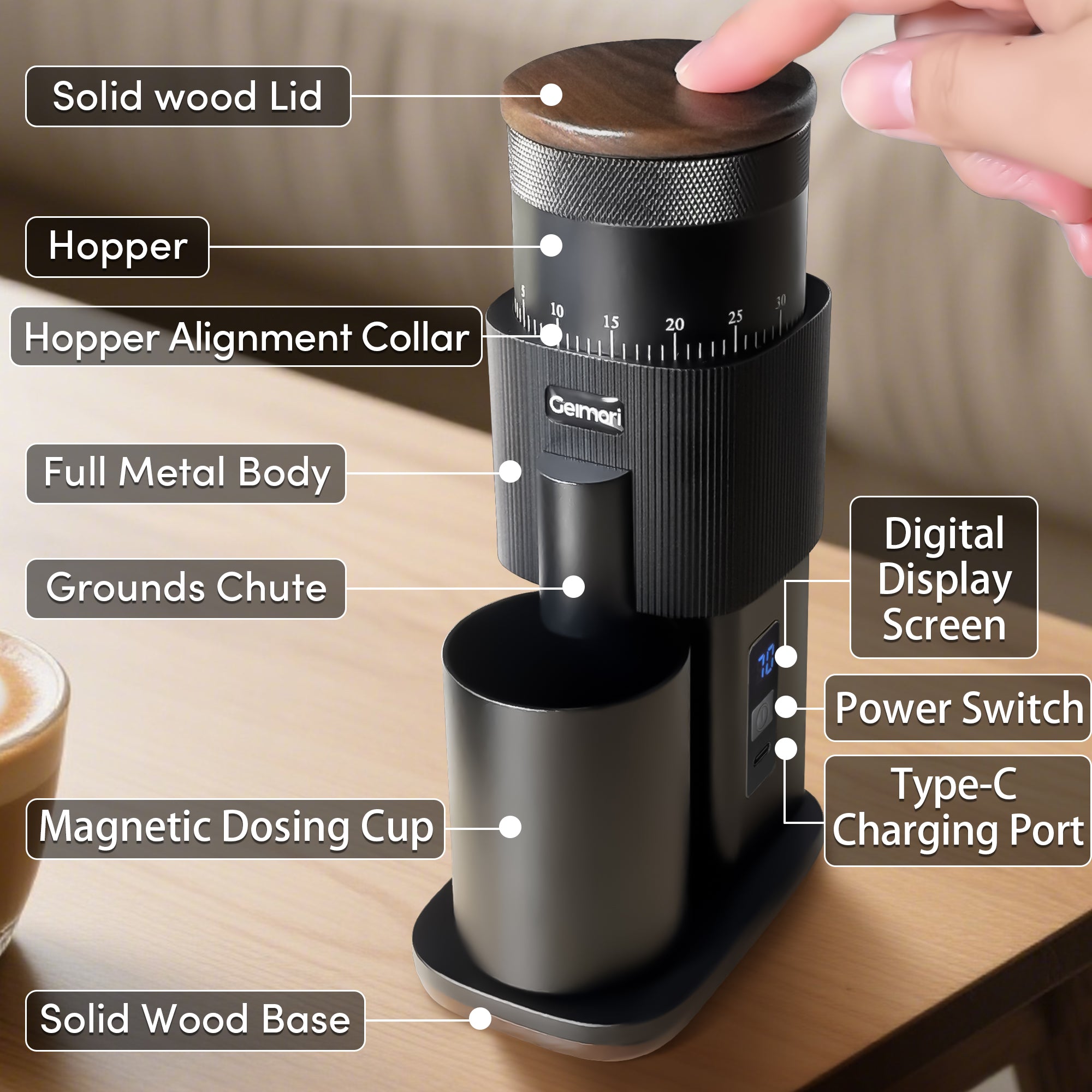 Geimori T38-The True Pro Grade Portable Coffee Grinder with 38mm Conical Burrs, 3600mAh Batteries, Stepless Grind Settings
