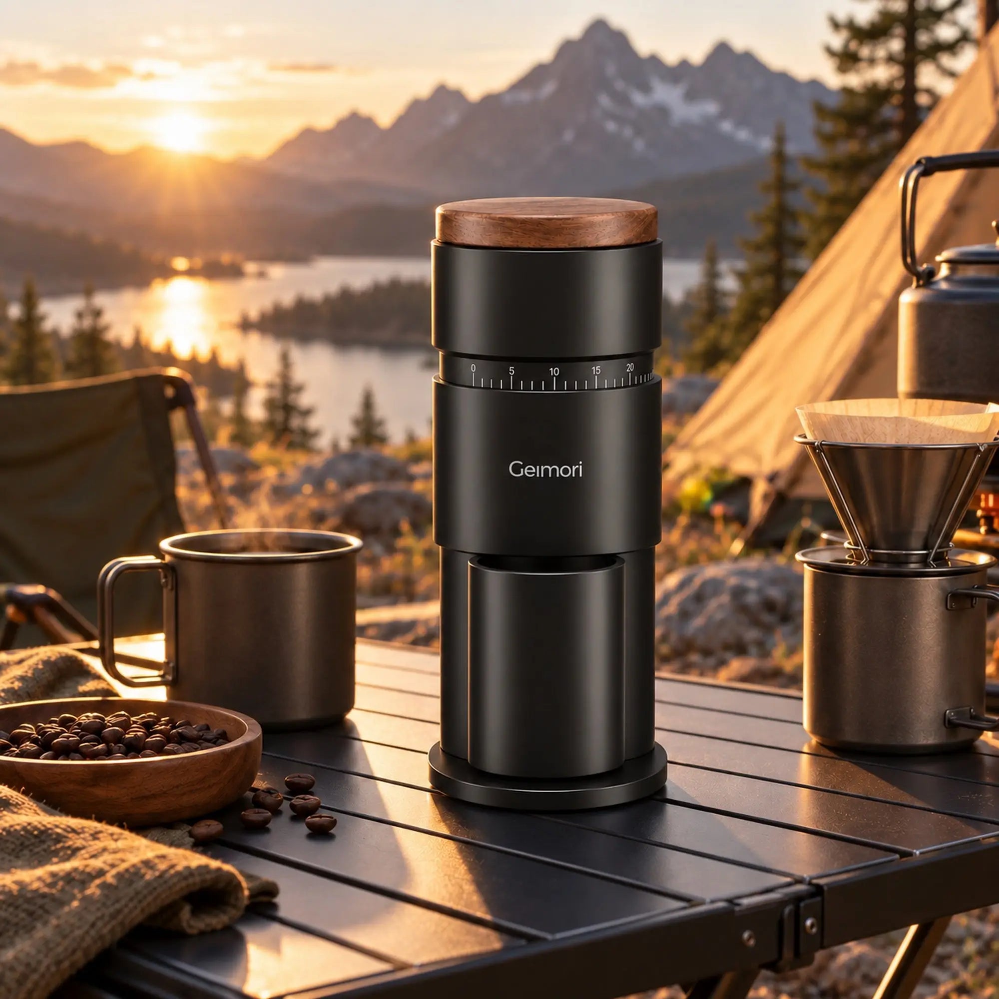 A Geimori T38 Gen2 coffee grinder with a wooden top, set on a camping table outdoors with mountains, a lake, and a tent in the background.