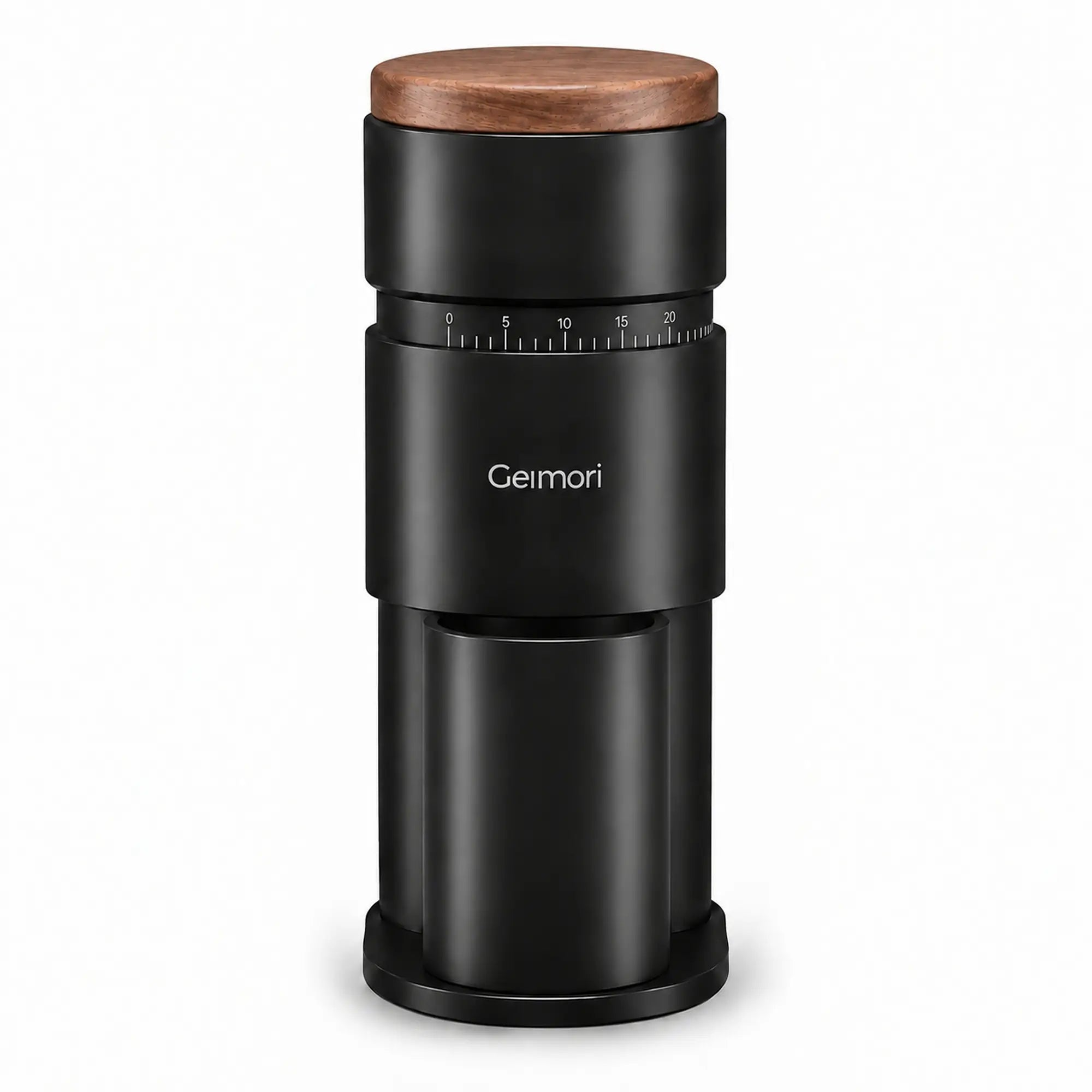 A Geimori T38 Gen2 coffee grinder with a matte black body, a wooden top, and a built-in cup holder, shown on a solid white background.
