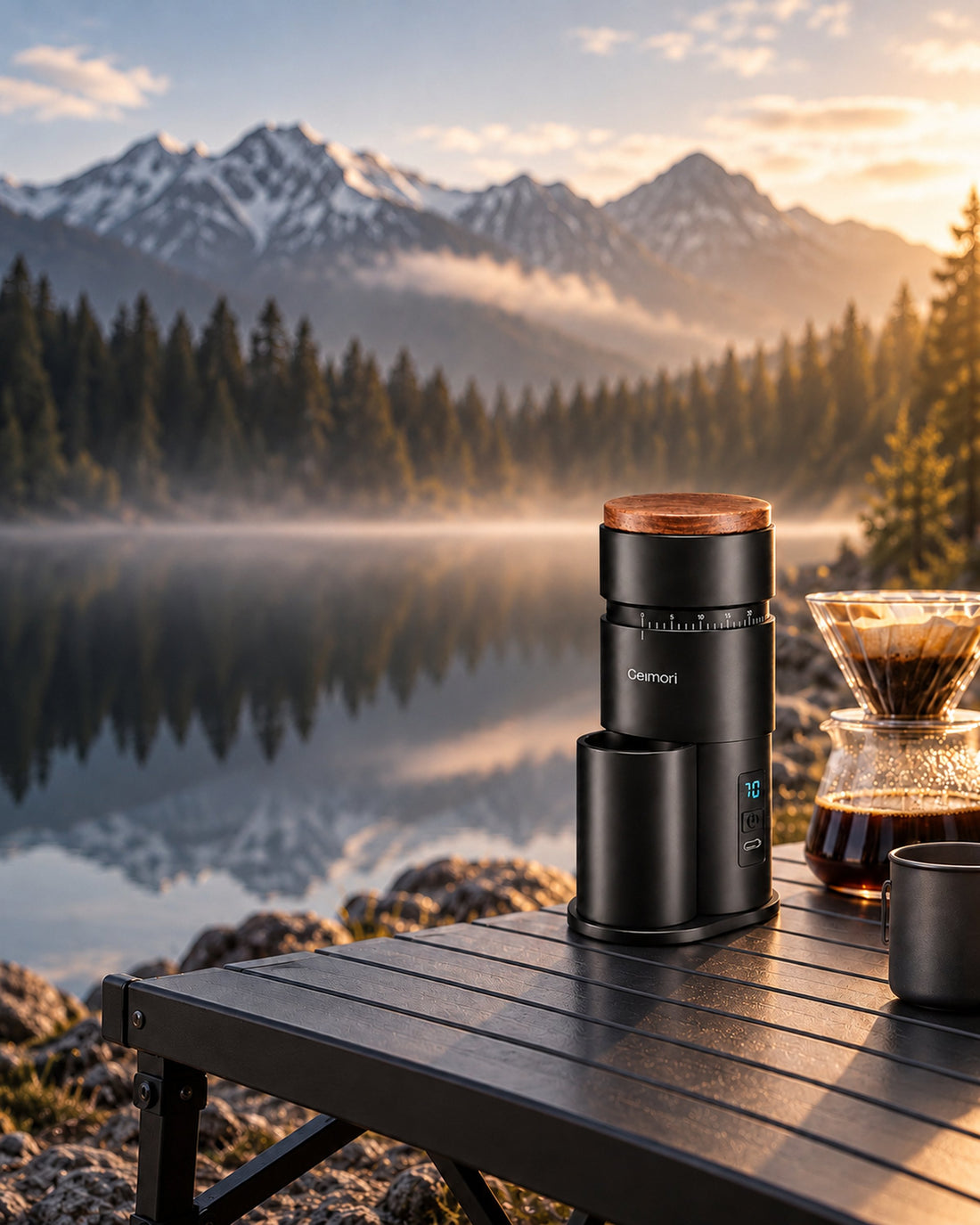 A Geimori T38 Gen2 coffee grinder with a wooden top sits on a dark camping table beside a glass pour-over coffee maker and cup, set against a scenic mountain lake background at sunrise.slider_item_3FJgtJ