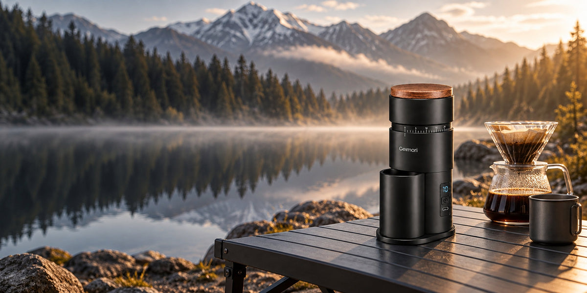 A Geimori T38 Gen2 coffee grinder with a wooden top sits on a dark camping table beside a glass pour-over coffee maker and cup, set against a scenic mountain lake background at sunrise.slider_item_3FJgtJ