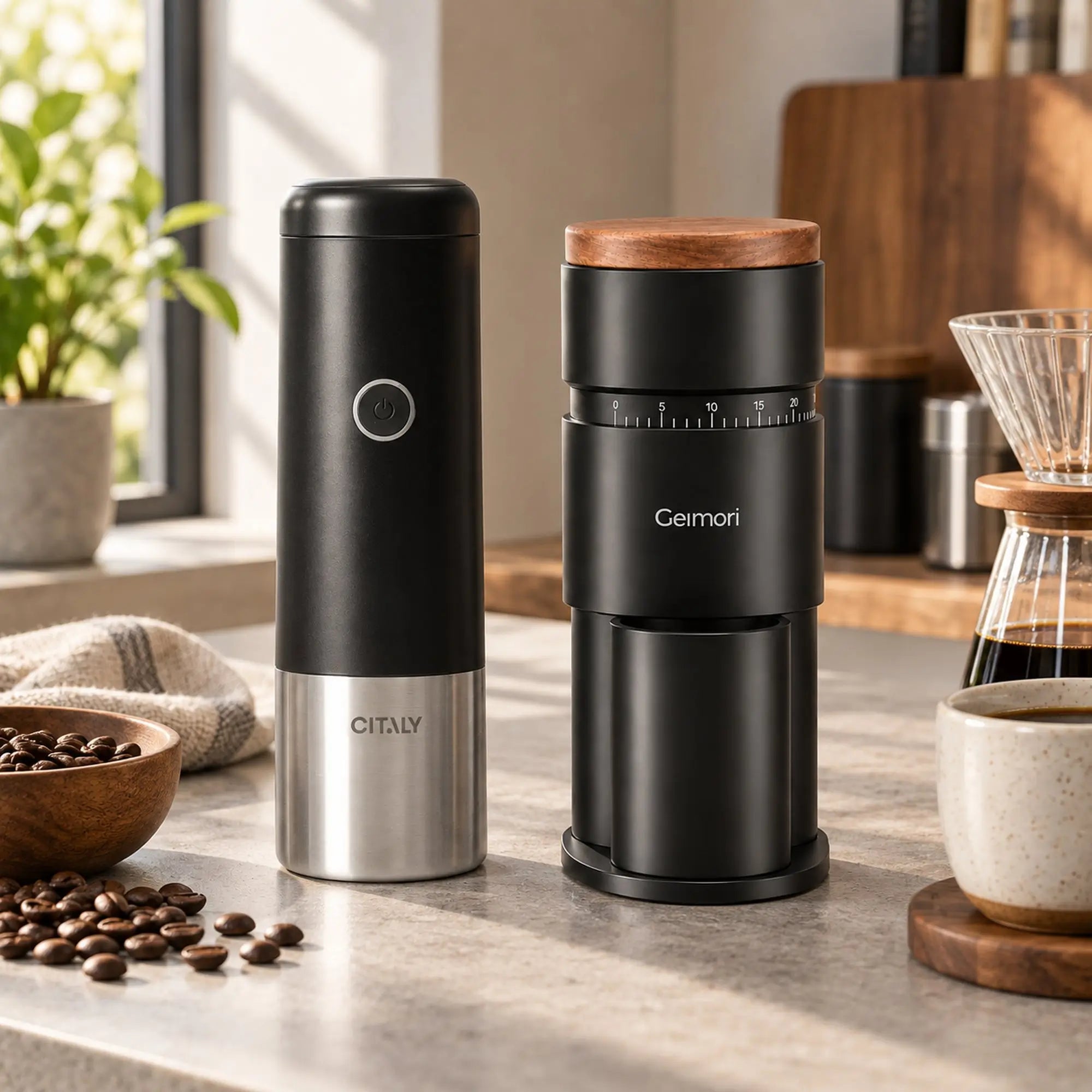 Two countertop coffee accessories in a bright kitchen setting: a black and stainless steel manual coffee maker labeled CITALY, and a black coffee grinder with a wood top and visible dial labeled Germori, shown beside coffee beans, a glass pour-over, and a cup of coffee. 