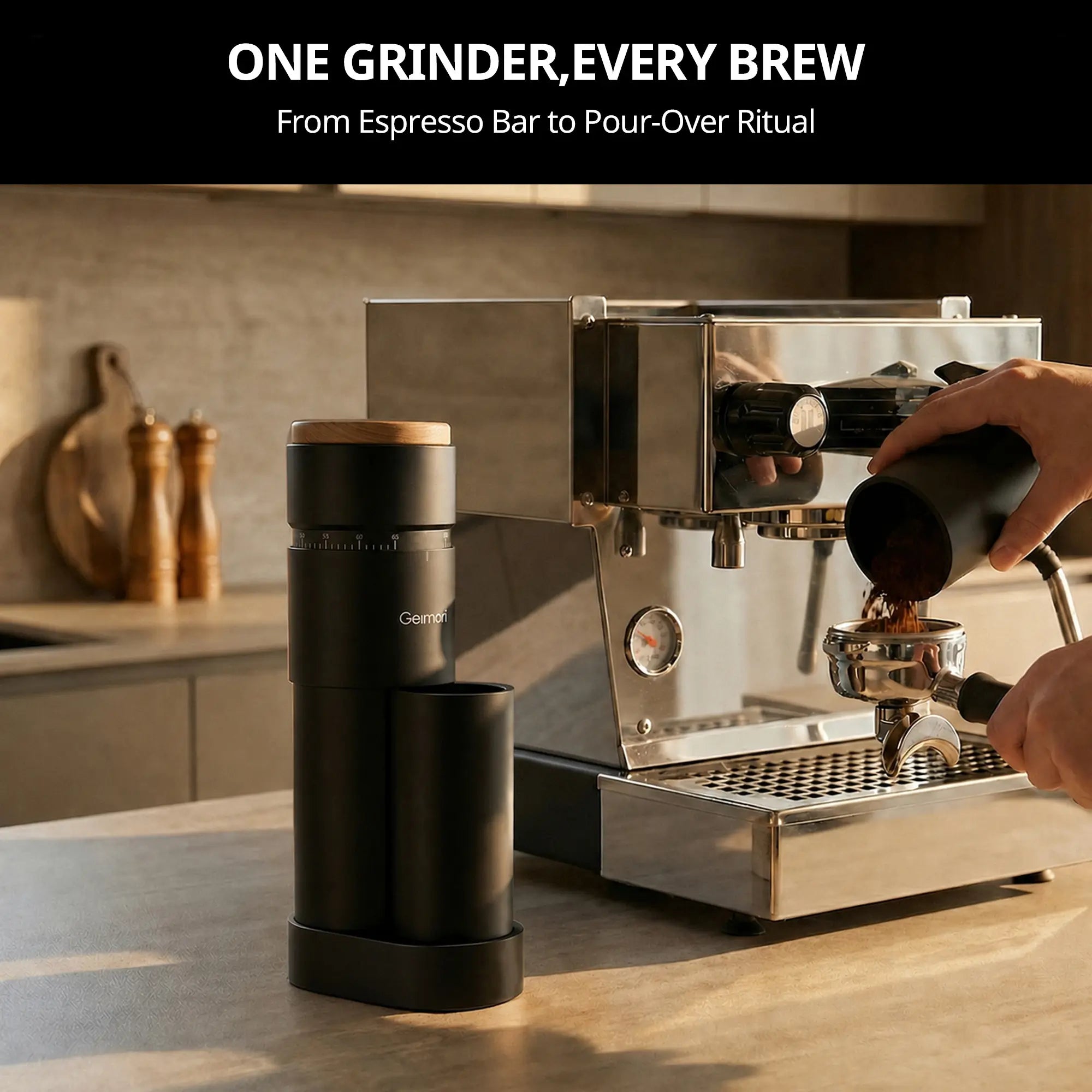 A black Geimori T38 Plus coffee grinder stands beside a stainless steel espresso machine in a kitchen setting, with a hand pouring coffee from a dosing cup into the portafilter. Text at the top reads, 'ONE GRINDER, EVERY BREW From Espresso Bar to Pour-Over Ritual.