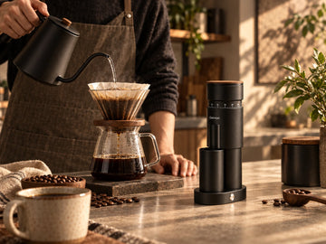 A person in a brown apron pours hot water from a matte black gooseneck kettle into a glass pour-over coffee dripper on a wooden board. A black Sengaiju manual coffee grinder stands on a wooden countertop nearby, with coffee beans, a ceramic mug, and plants in a warm, sunlit kitchen setting.