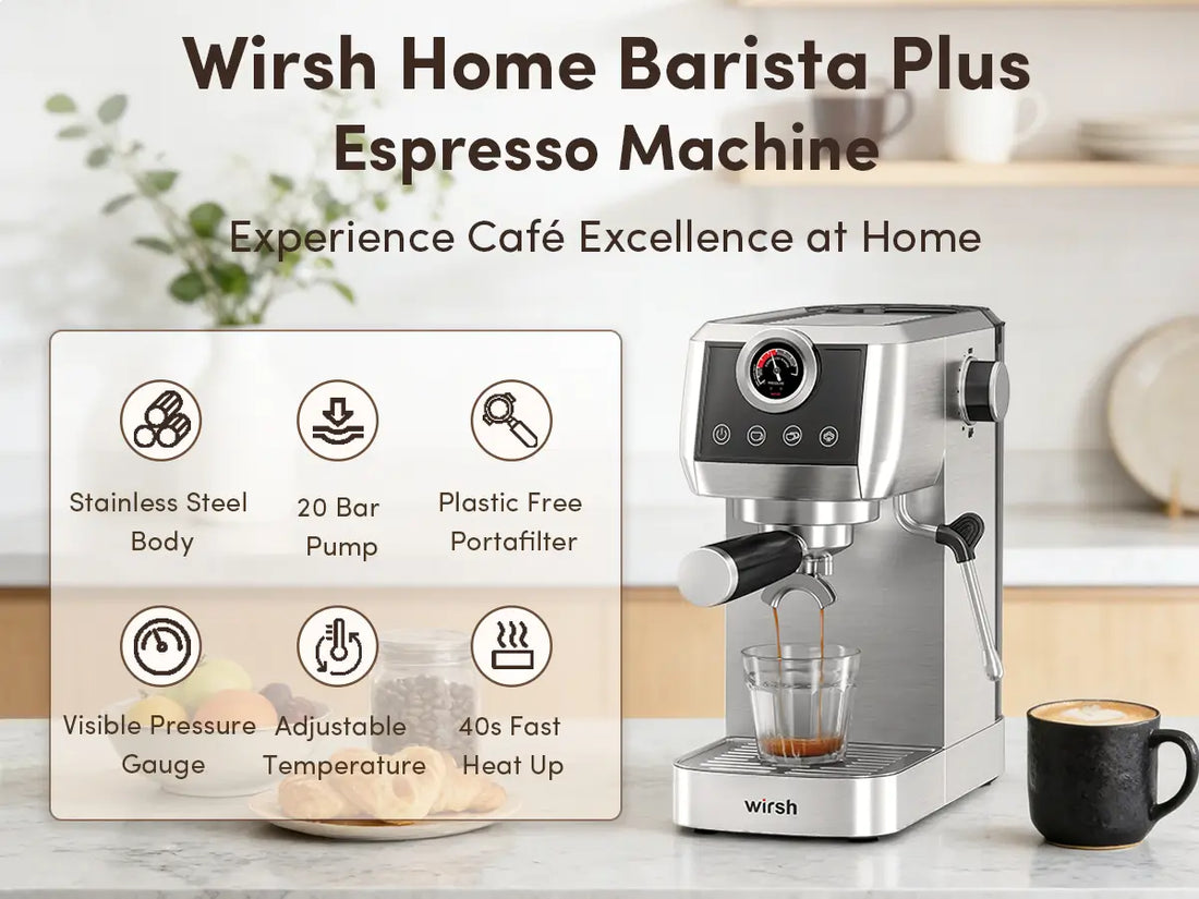 Wirsh Home Barista Plus Espresso Machine with features listed on a white backgroundslider_item_bzGFEy