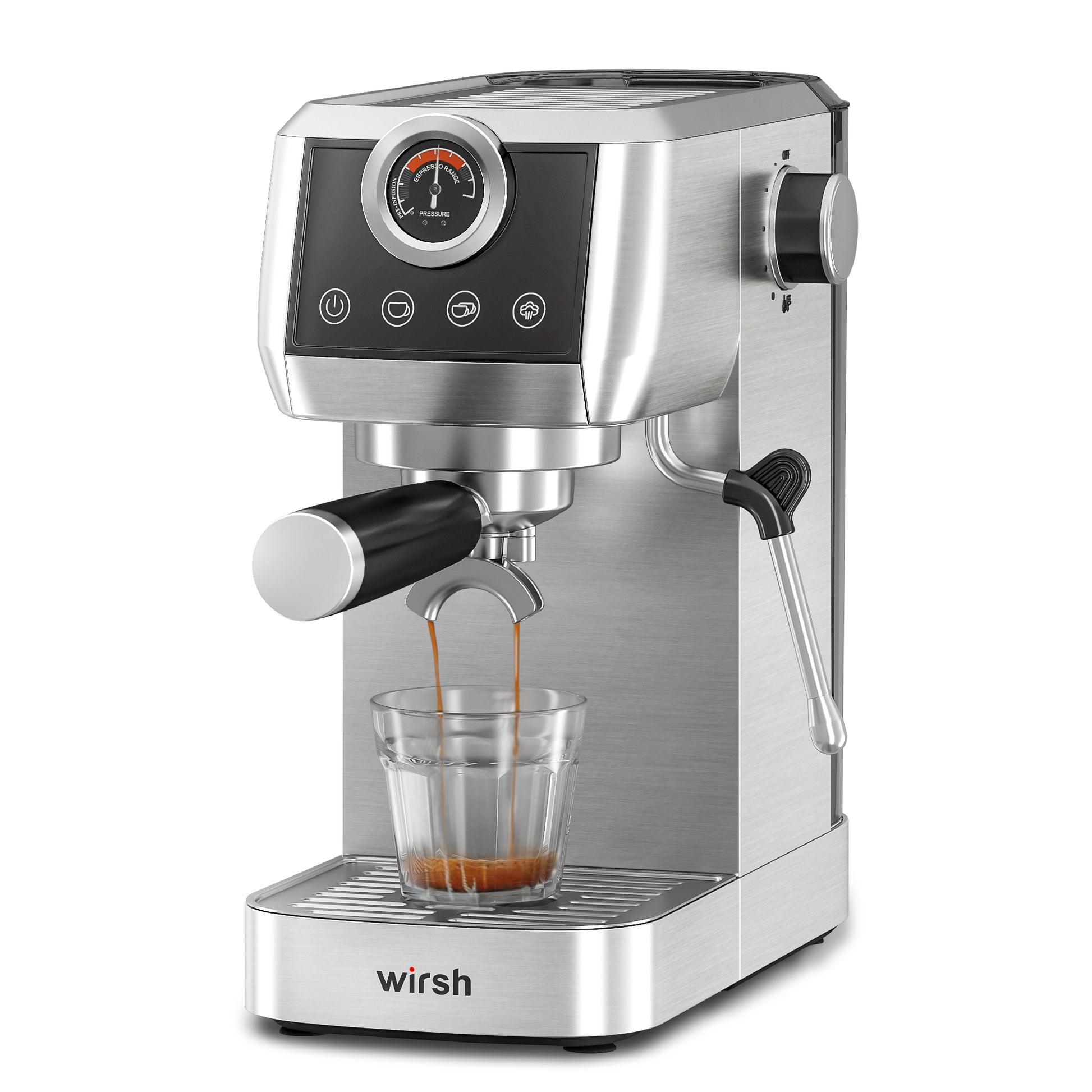 < img src="espresso machine.jpg" alt="wirsh 20bar espresso machine main side view with a cup"/>