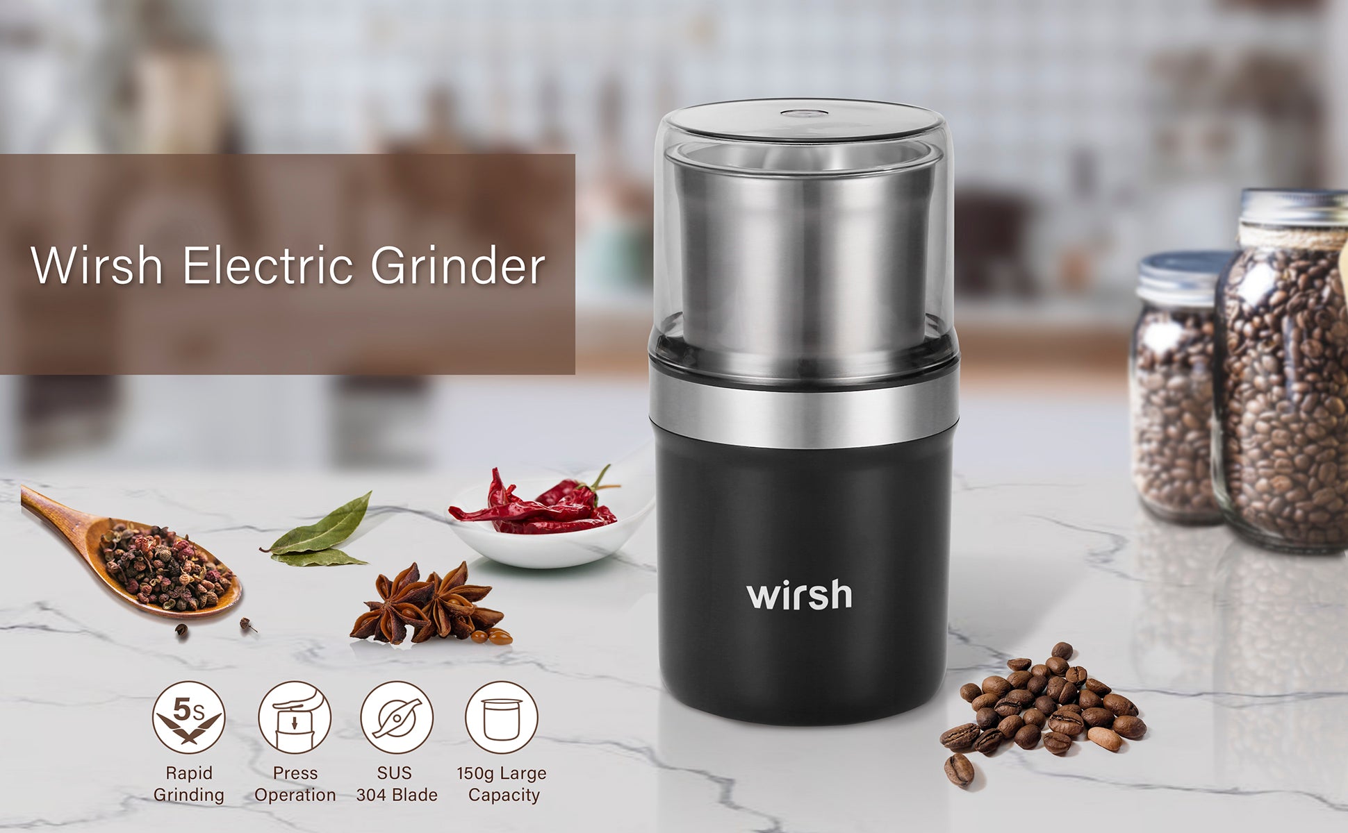 Wirsh Coffee Grinder - Herb grinder with Stainless Steel Blades