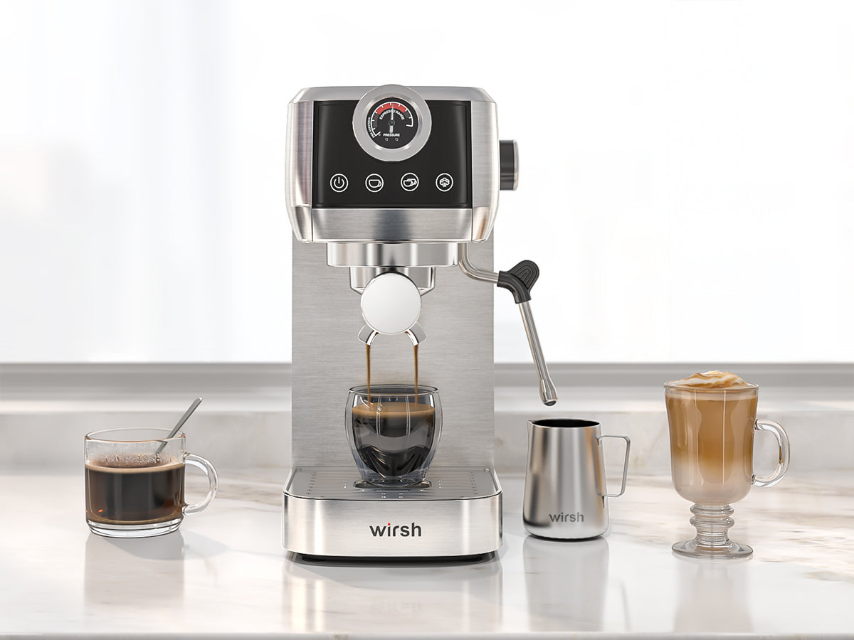 < img src="espresso machine.jpg" alt="wirsh 20bar espresso machine on kitchen table with frothing pitcher 1200x900"/>