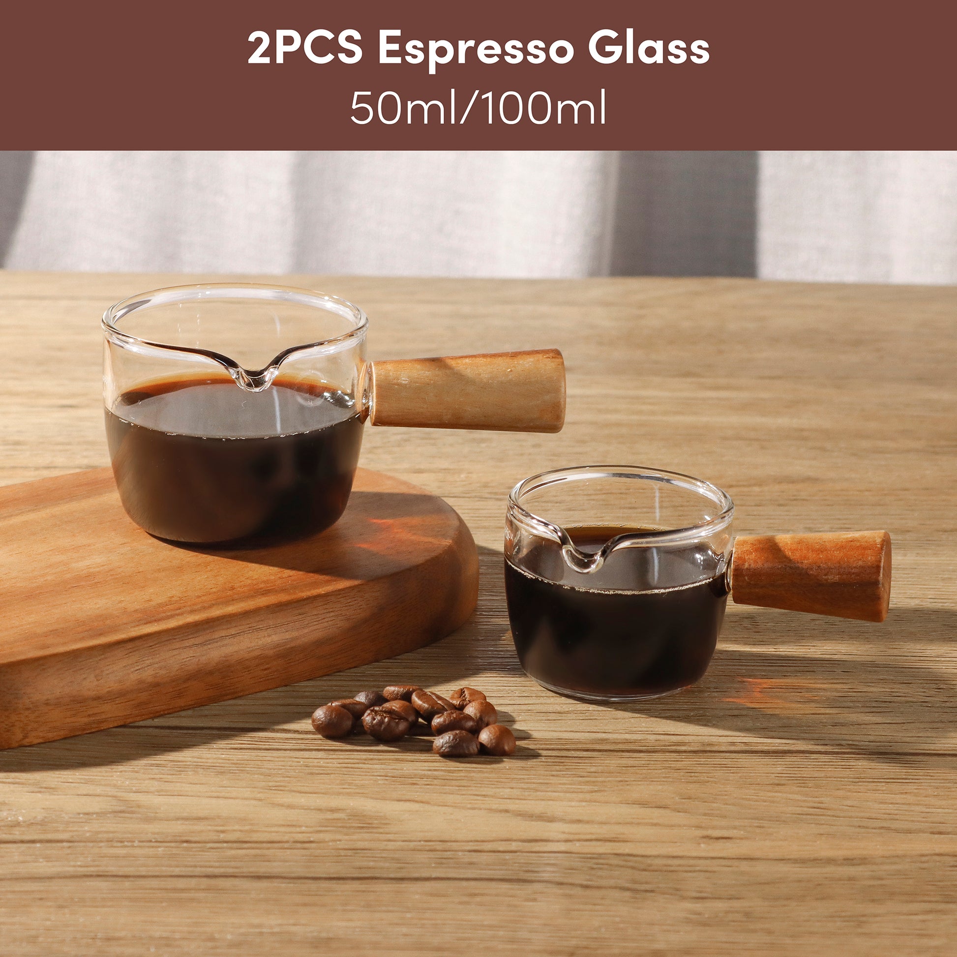 Single / Double Spouts Measuring Cup with Wooden Handle, Milk Cup Pitcher  Heat Resistant Glass 75ML Espresso Shot Glasses for Barista
