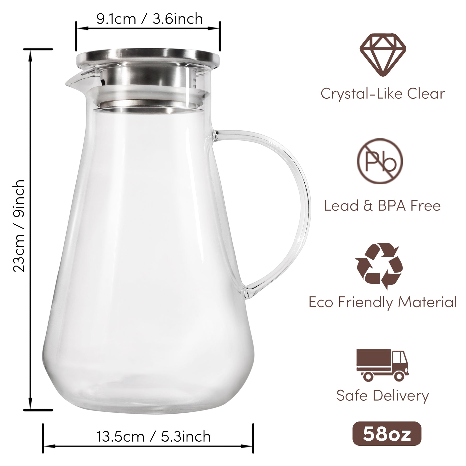 Glass Pitcher with Lid and Handle, 50 oz/1500ml Water Pitcher, Clear