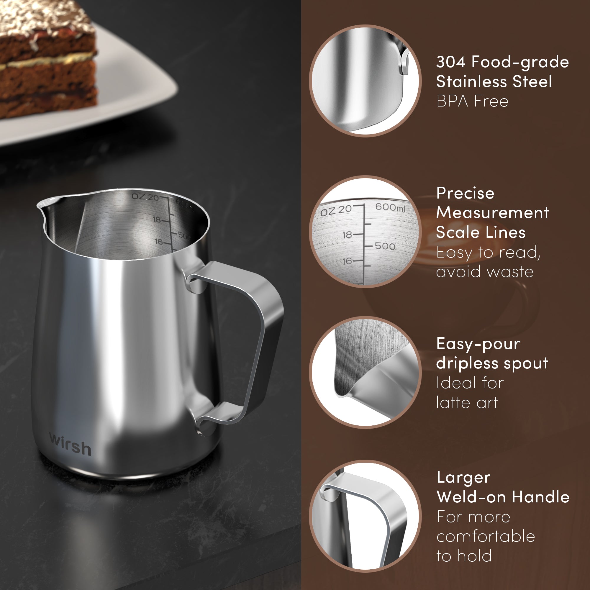 20oz Milk Frothing Pitcher, Wirsh Stainless Steel Milk Frother Jug