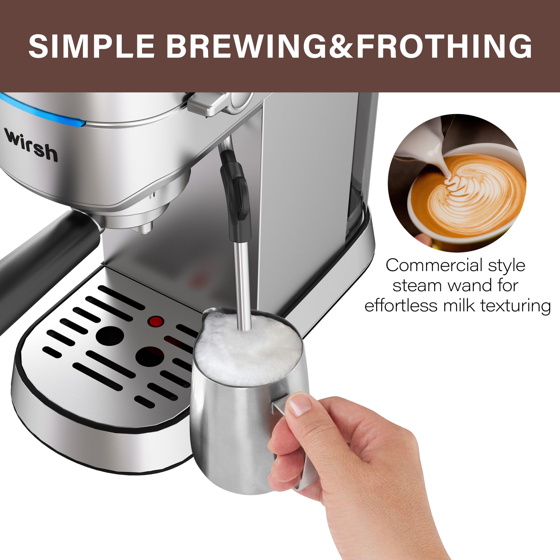 <img src="espresso machine.jpg" alt="wirsh 15 bar espresso machine milk frothe"/>