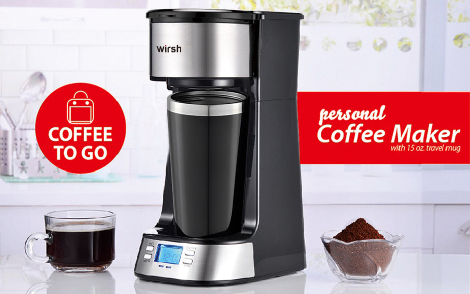 wirsh Single Serve Coffee Maker- Small Coffee Maker with Programmable Timer  and LCD display, Single Cup Coffee Maker with 14 oz.Travel Mug and