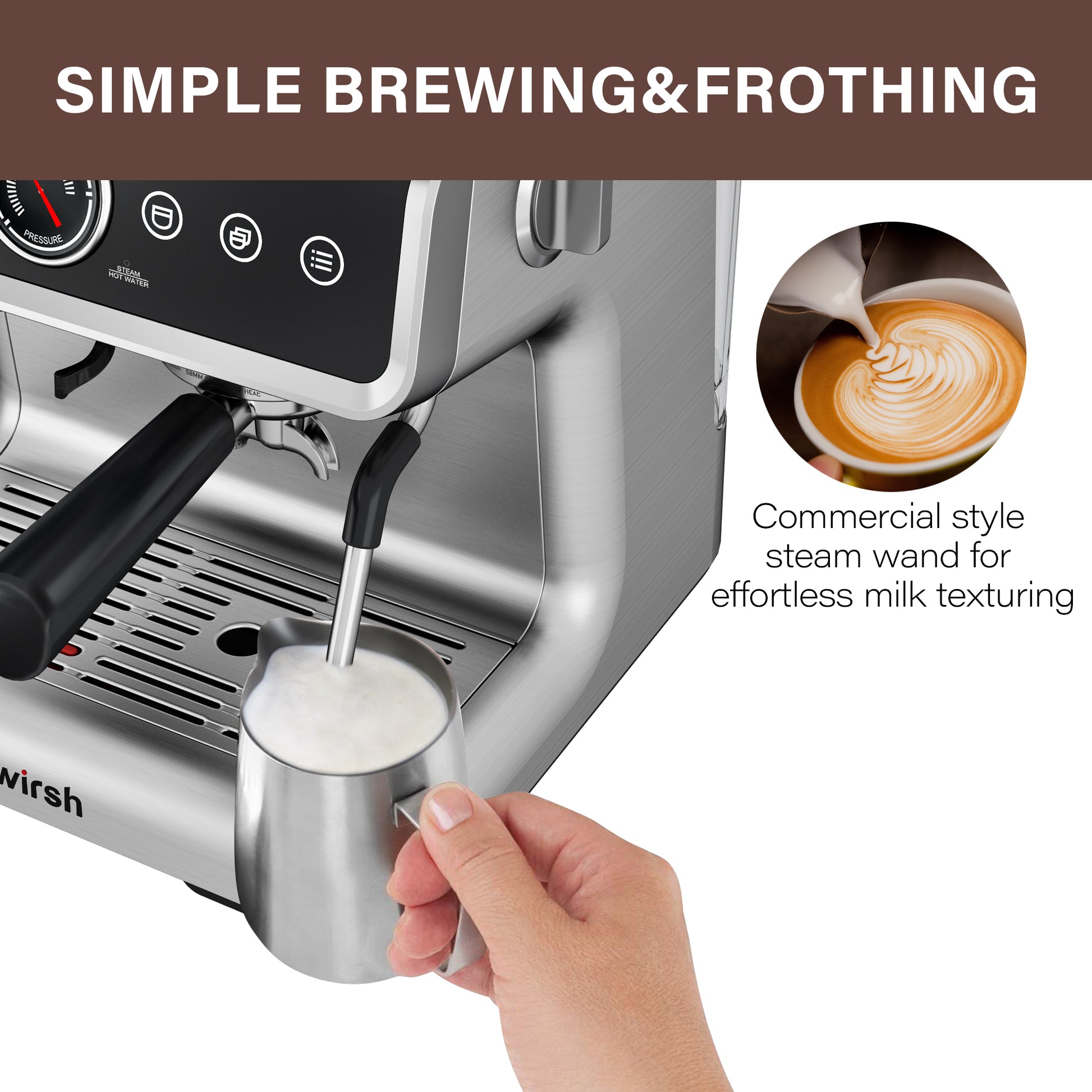 <img src="espresso machine.jpg" alt="wirsh espresso machine brewing frothing"/>