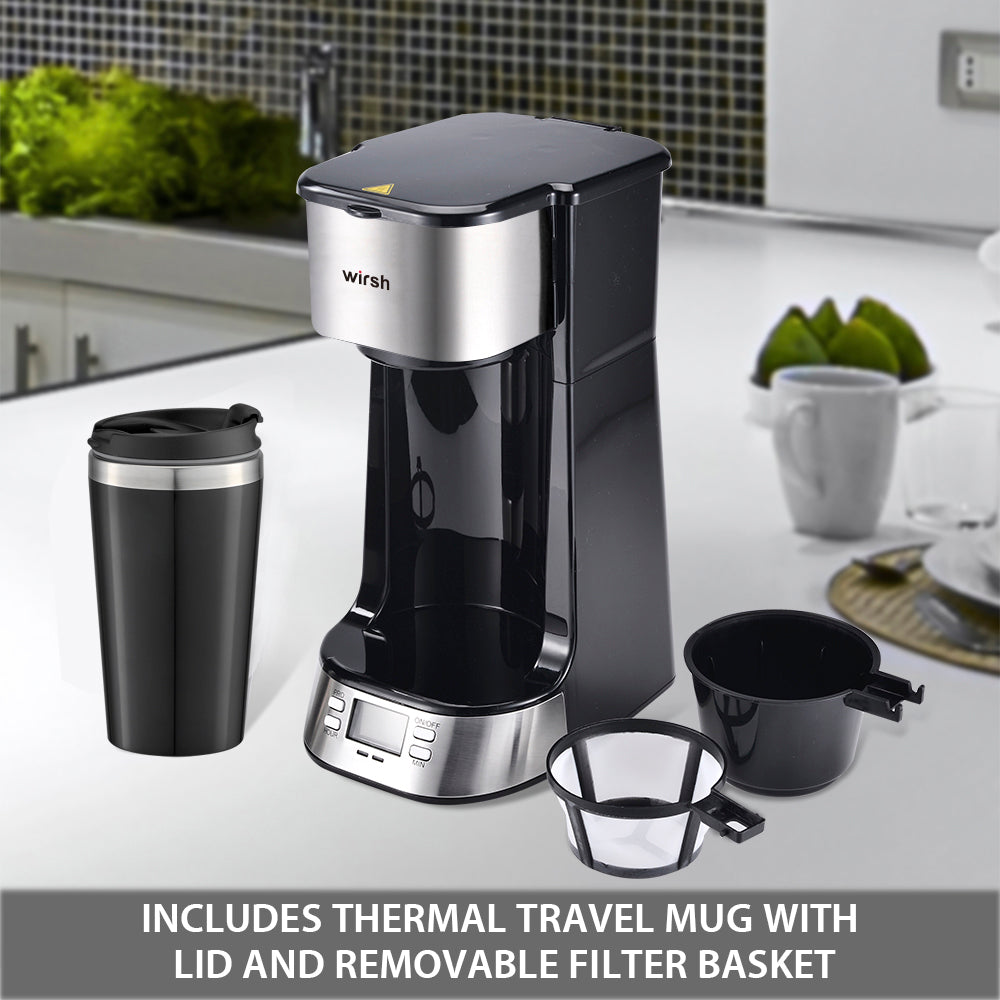 Single Serve Coffee Maker- Wirsh Coffee Maker with Programmable Timer and  LCD display, Single Cup Coffee Maker with 14 oz.Travel