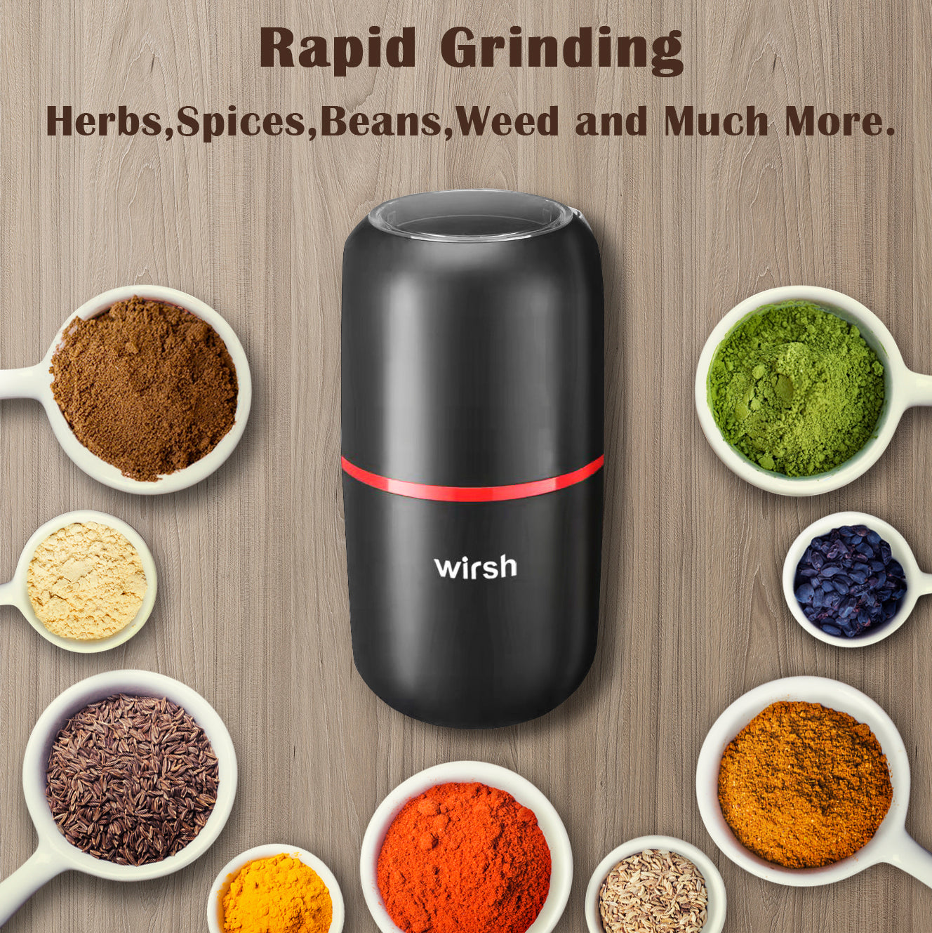Herb Grinder-Wirsh Electric Spice Grinder with 5.3oz. Stainless Steel  Removable Bowl,Coffee Grinder with 200W Motor for Herbs,Spices,Coffee